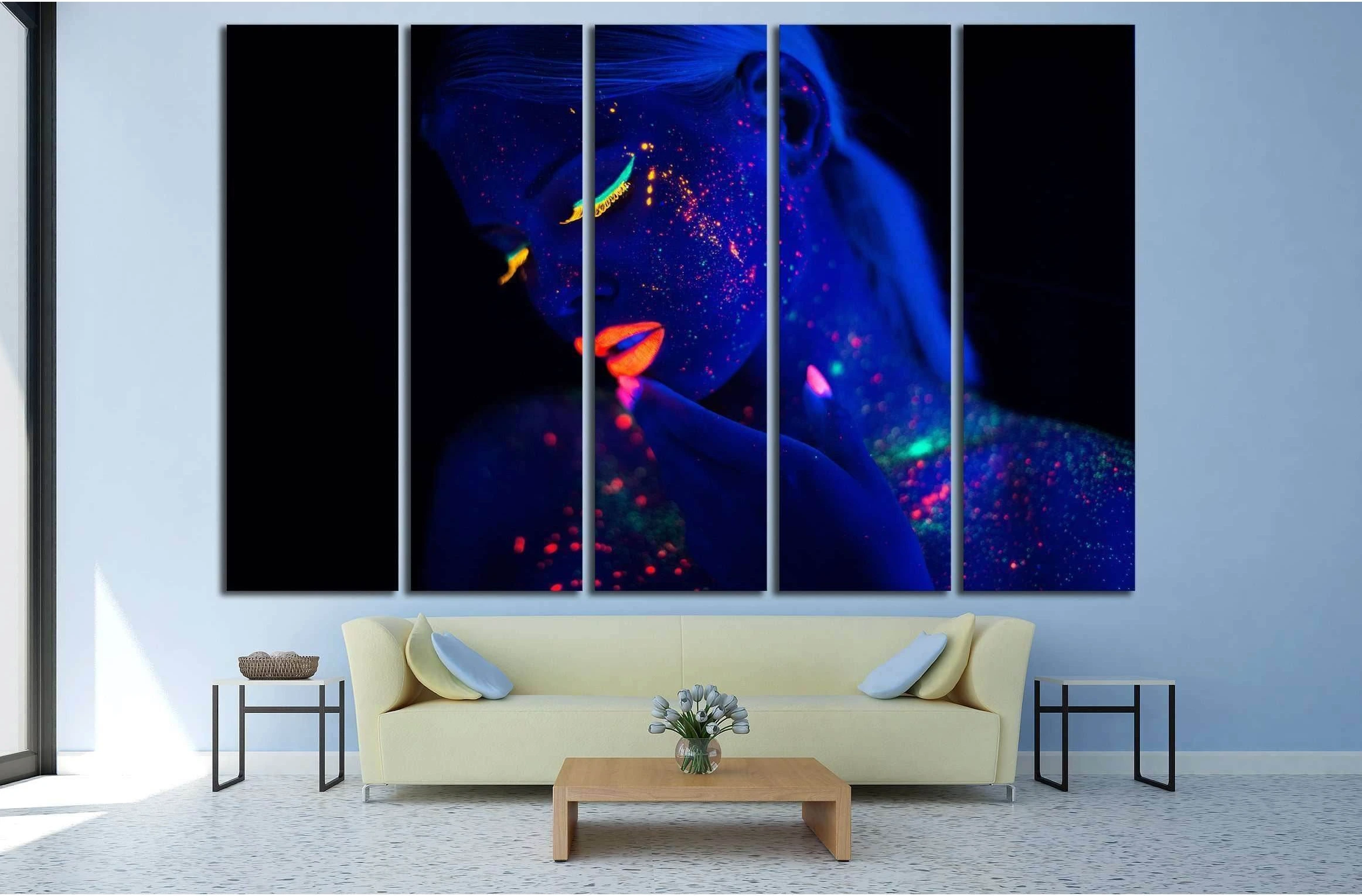 Model Girl with Fluorescent Creative Psychedelic MakeUp, Art Design №2782 Ready to Hang Canvas Print - Zellart Canvas Prints ALL_Products, s-2782