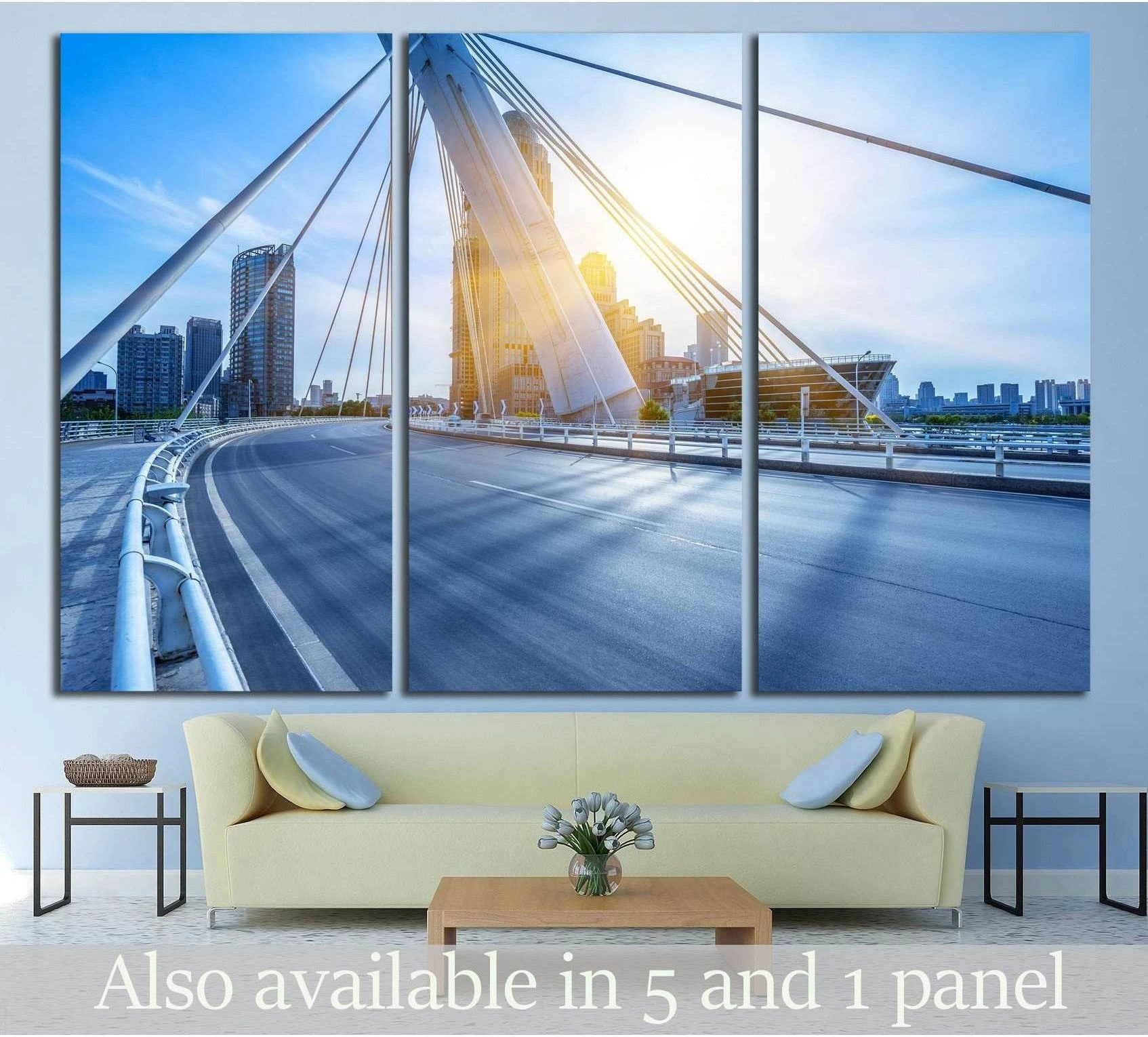 Tianjin bridge canvas print above sofa with empty road, blue sky, and modern skyline in triptych layout