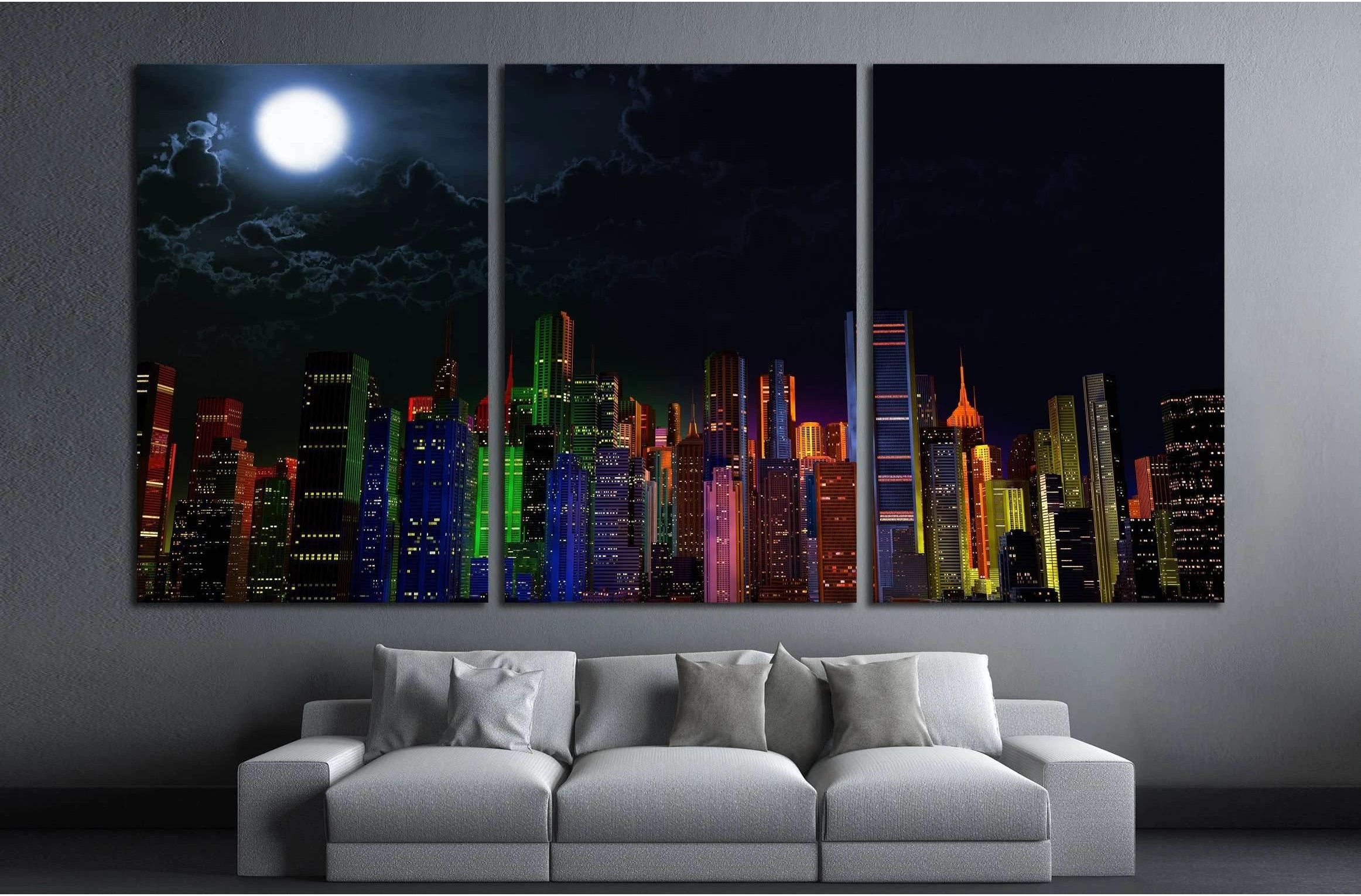 Modern City Lit by Colorful Light Effects at Night 3D Illustration №2994 Ready to Hang Canvas Print - Zellart Canvas Prints ALL_Products, s-2994