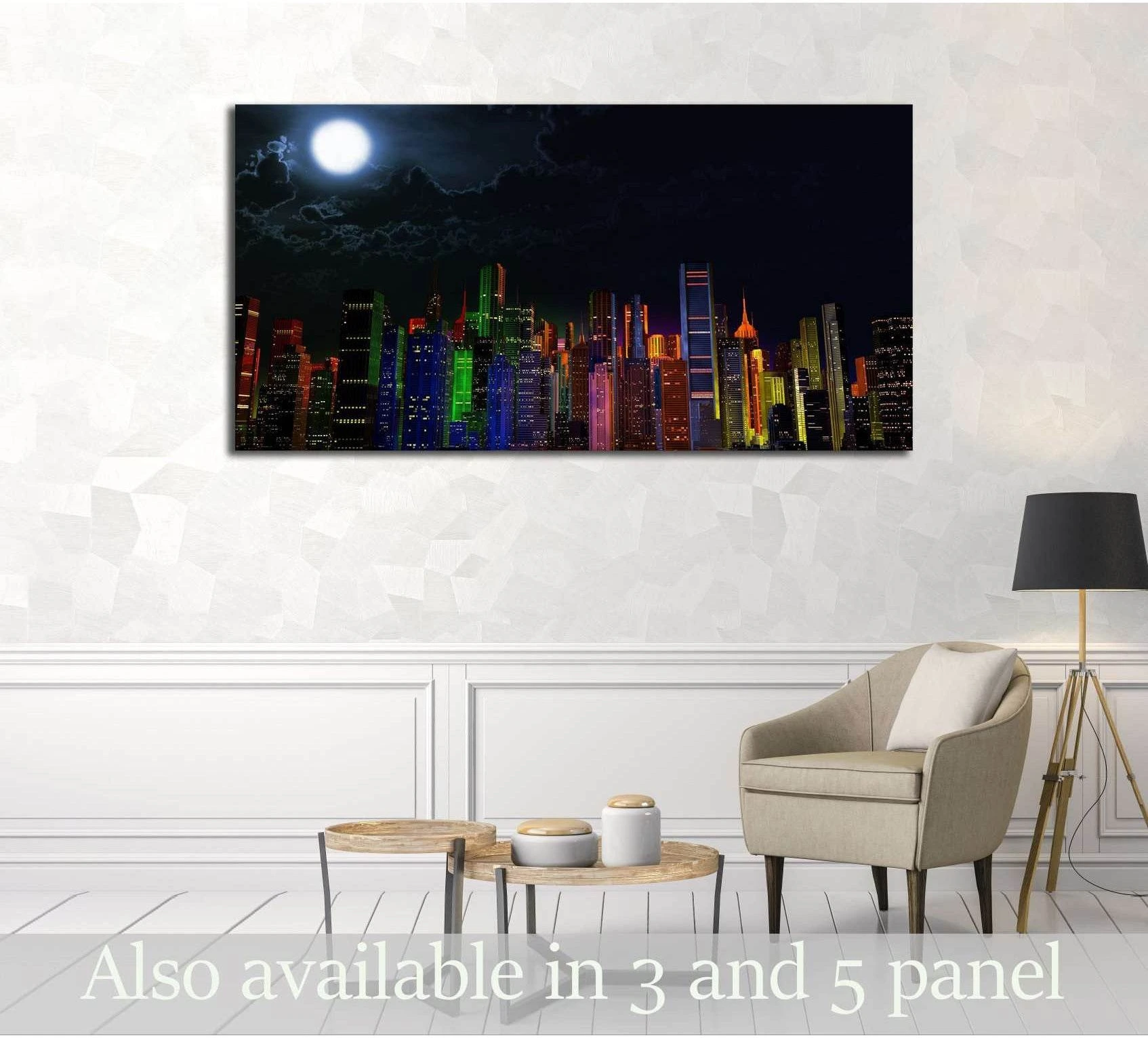 Modern City Lit by Colorful Light Effects at Night 3D Illustration №2994 Ready to Hang Canvas Print - Zellart Canvas Prints ALL_Products, s-2994