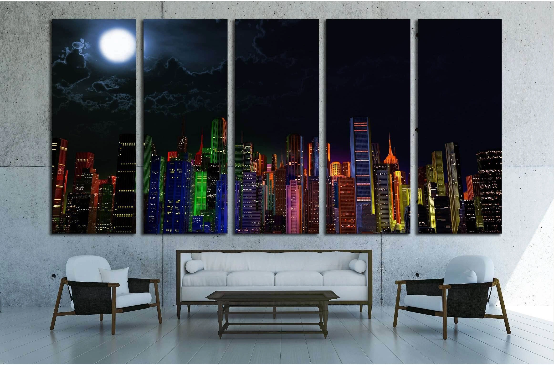 Modern City Lit by Colorful Light Effects at Night 3D Illustration №2994 Ready to Hang Canvas Print - Zellart Canvas Prints ALL_Products, s-2994