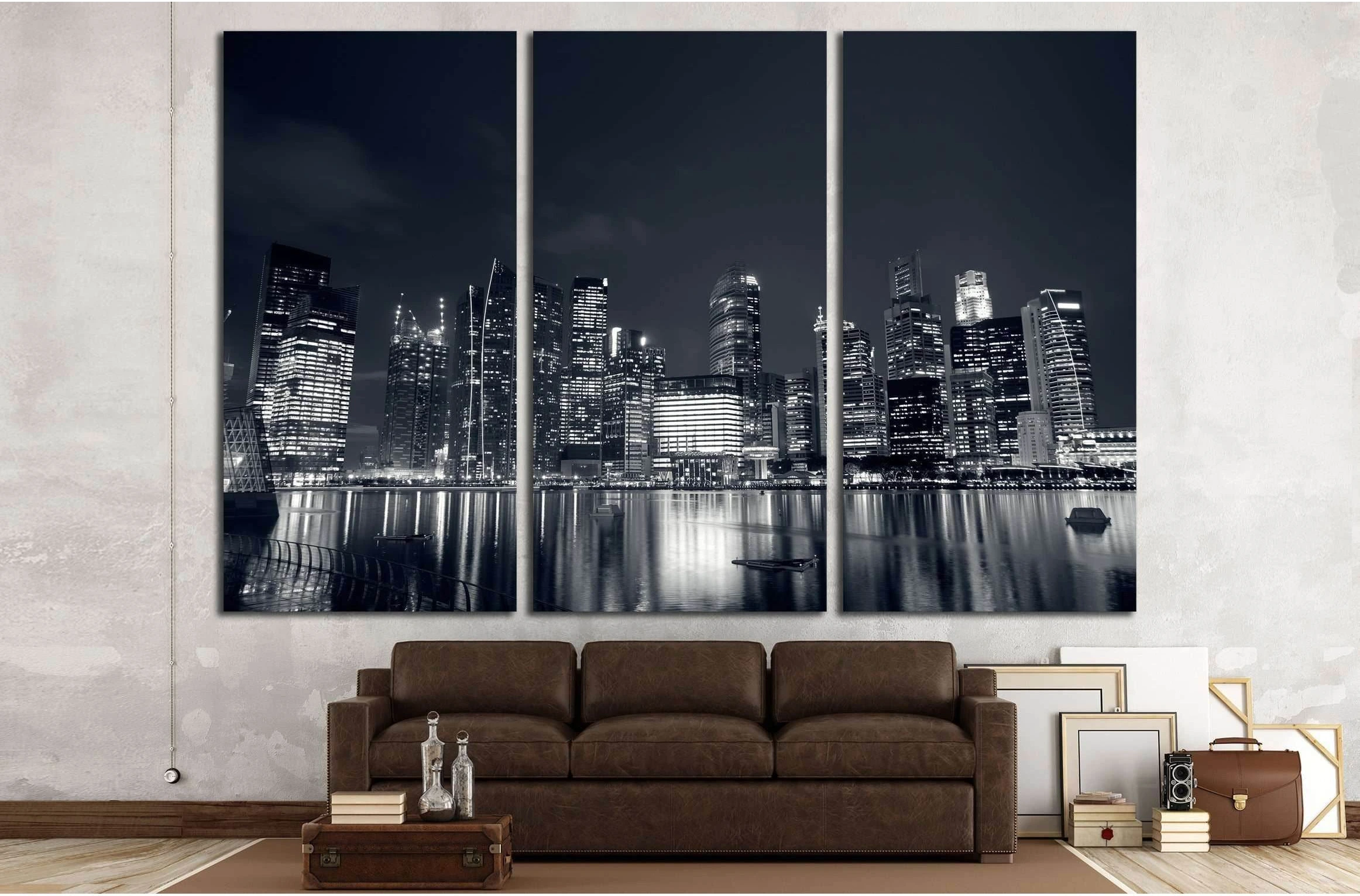 Modern city skyline with reflection on river in Singapore, Asia. №2589 Ready to Hang Canvas Print - Zellart Canvas Prints ALL_Products, s-2589
