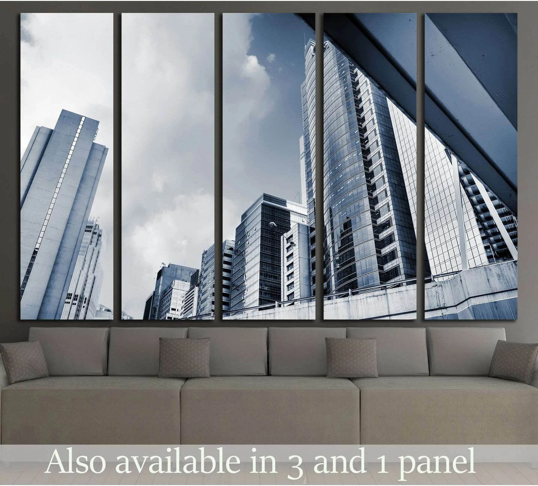 Blue-gray city skyline canvas print with modern skyscrapers in a 5-panel living room display