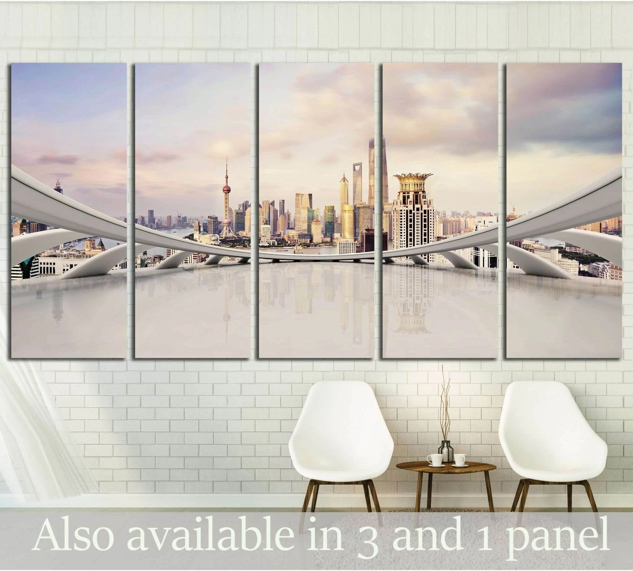 Shanghai skyline multi-panel canvas print with bridge lines and pastel sunset, displayed in a modern room