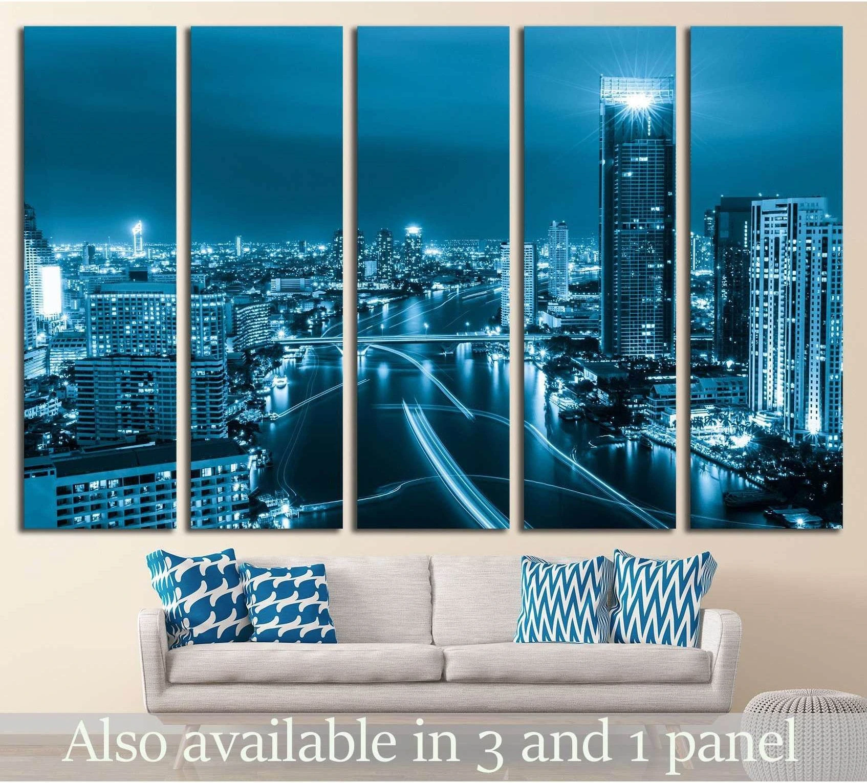 Bangkok skyline canvas print in cool blue tones above sofa in a modern living room