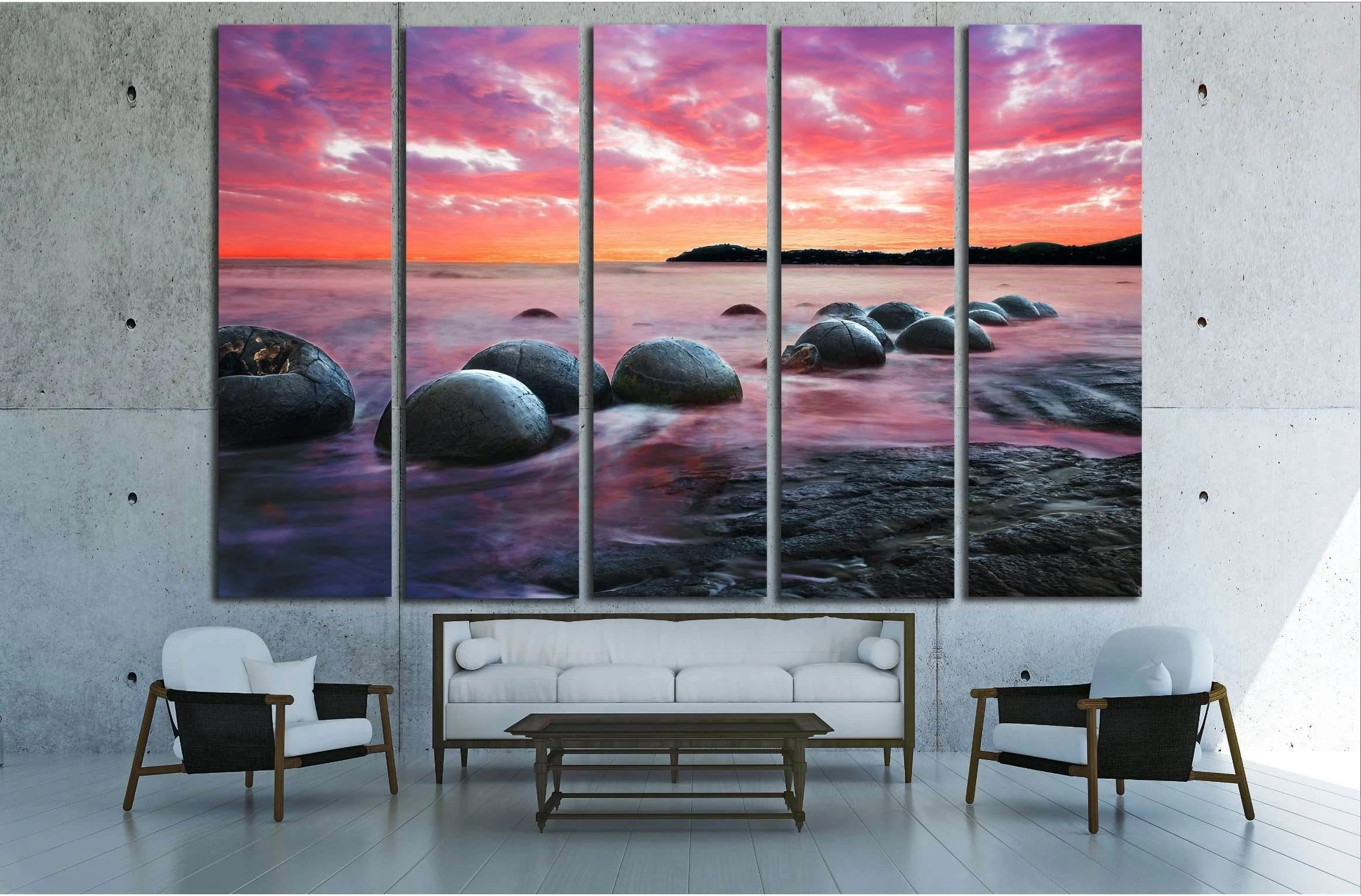 Moeraki Boulders on the Koekohe beach, New Zealand. Sunset and long exposure №2865 Ready to Hang Canvas Print - Zellart Canvas Prints ALL_Products, s-2865