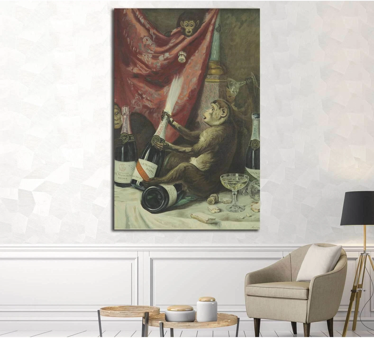 Vintage monkey champagne canvas print hung above chair in a neutral living room mockup