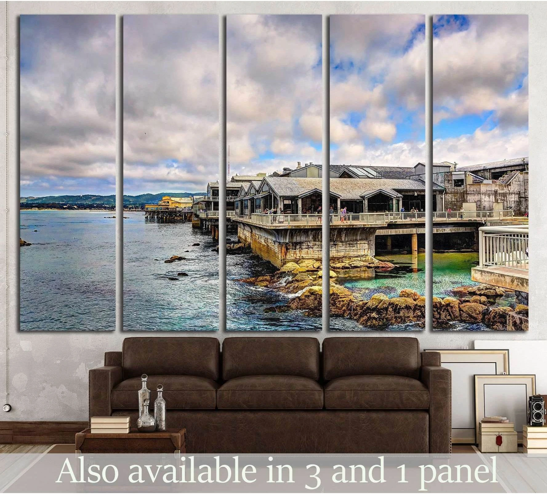 Monterey Bay Aquarium canvas print showing the waterfront building above rocky Pacific coast