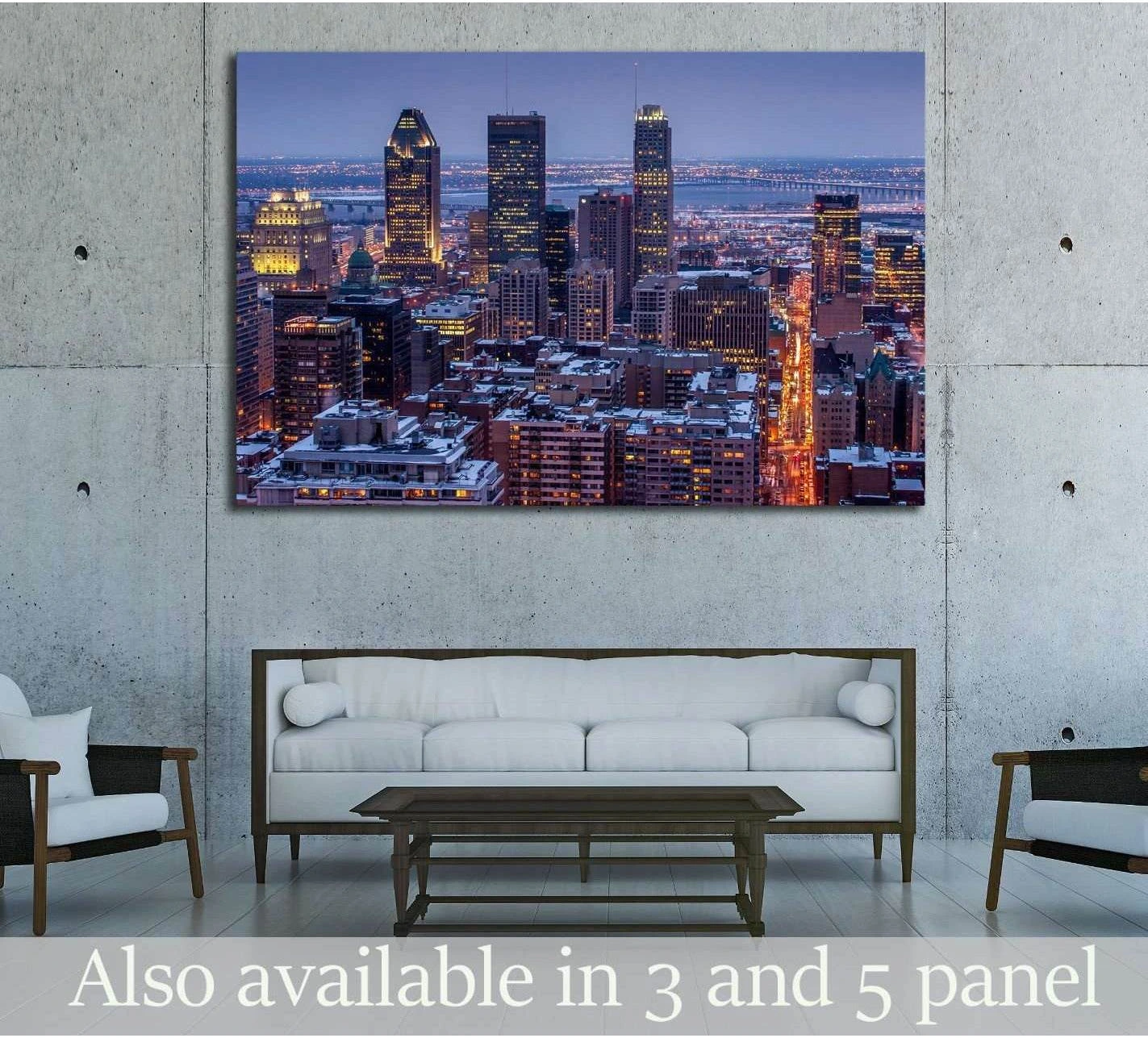 Montreal skyline canvas print with evening lights and snowy rooftops above a sofa