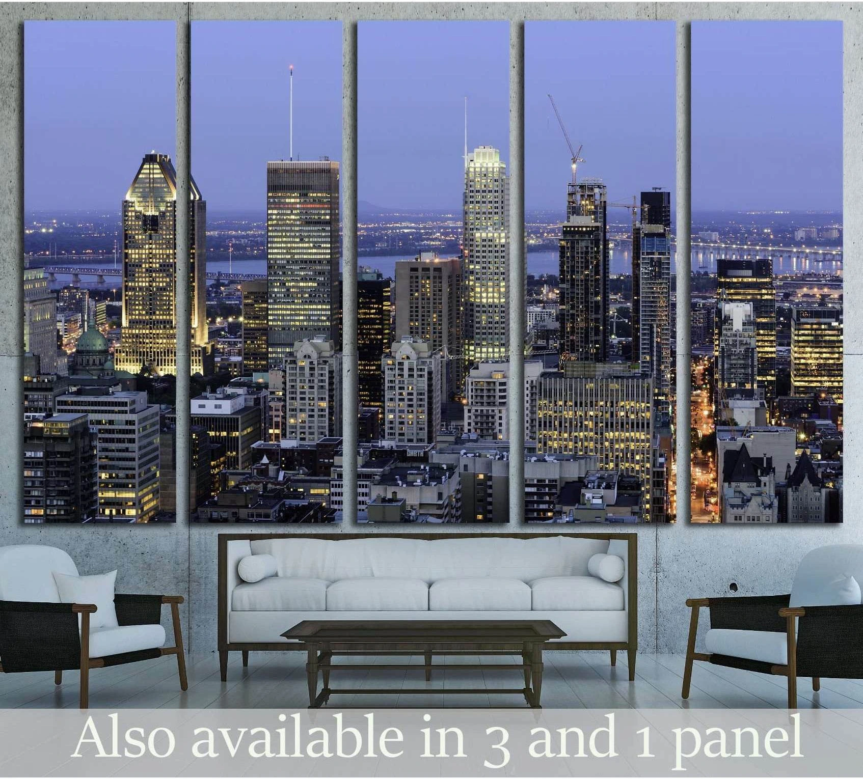 Montreal downtown skyline canvas print at dusk in a five-panel layout above a sofa