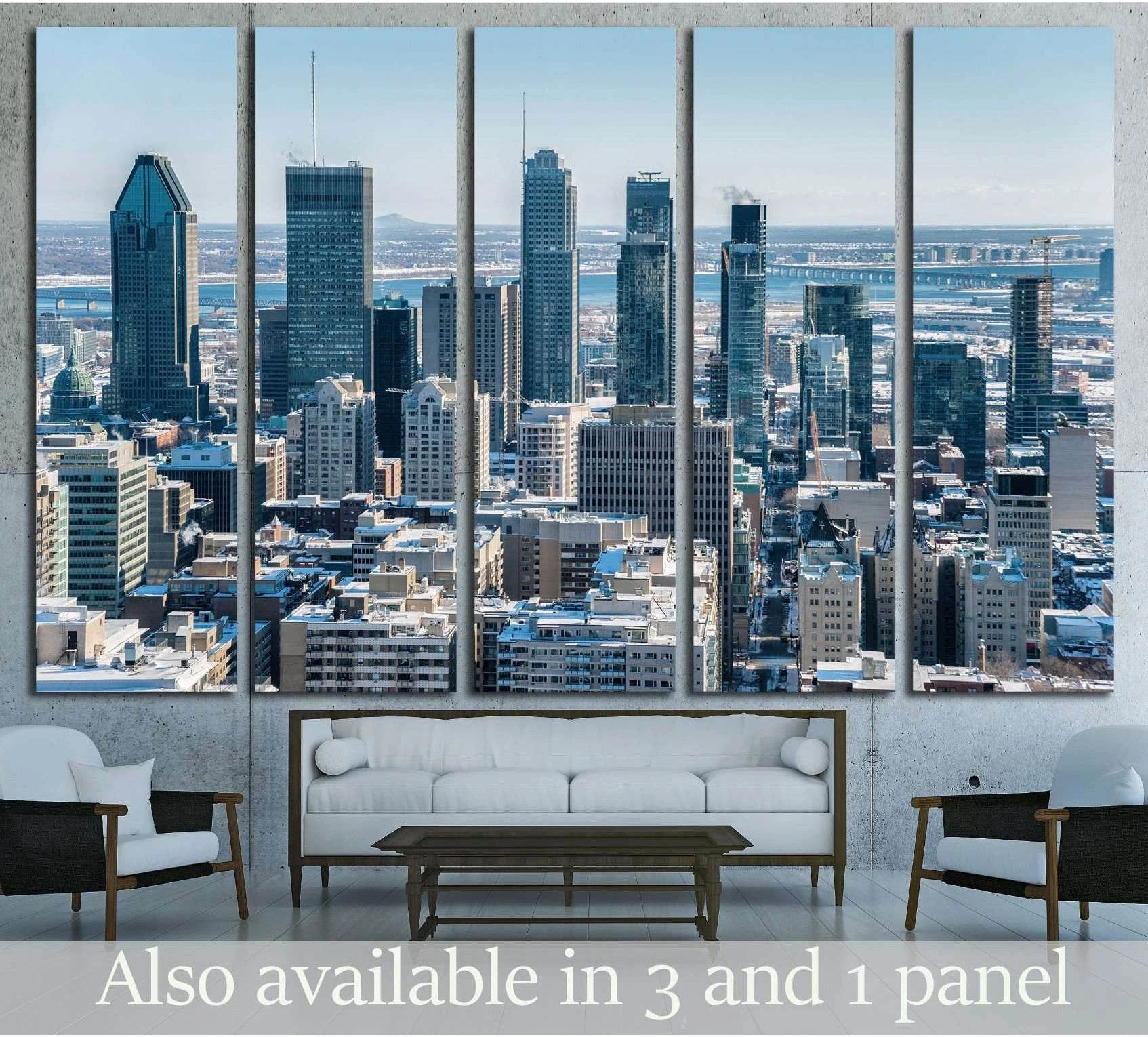 Montreal skyline winter canvas print shown as a five-panel cityscape above a sofa in a modern living room