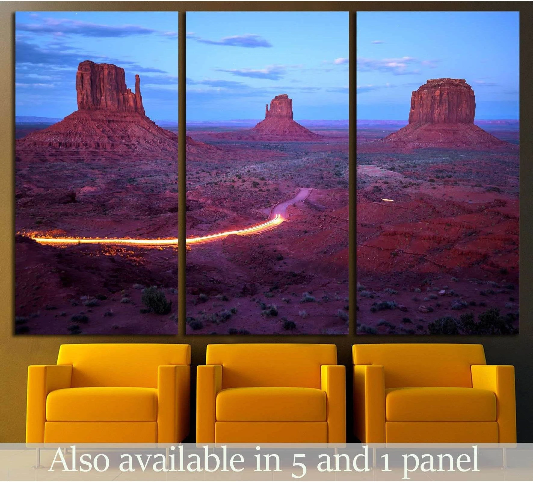 Monument Valley triptych canvas print with red buttes and winding road at blue dusk