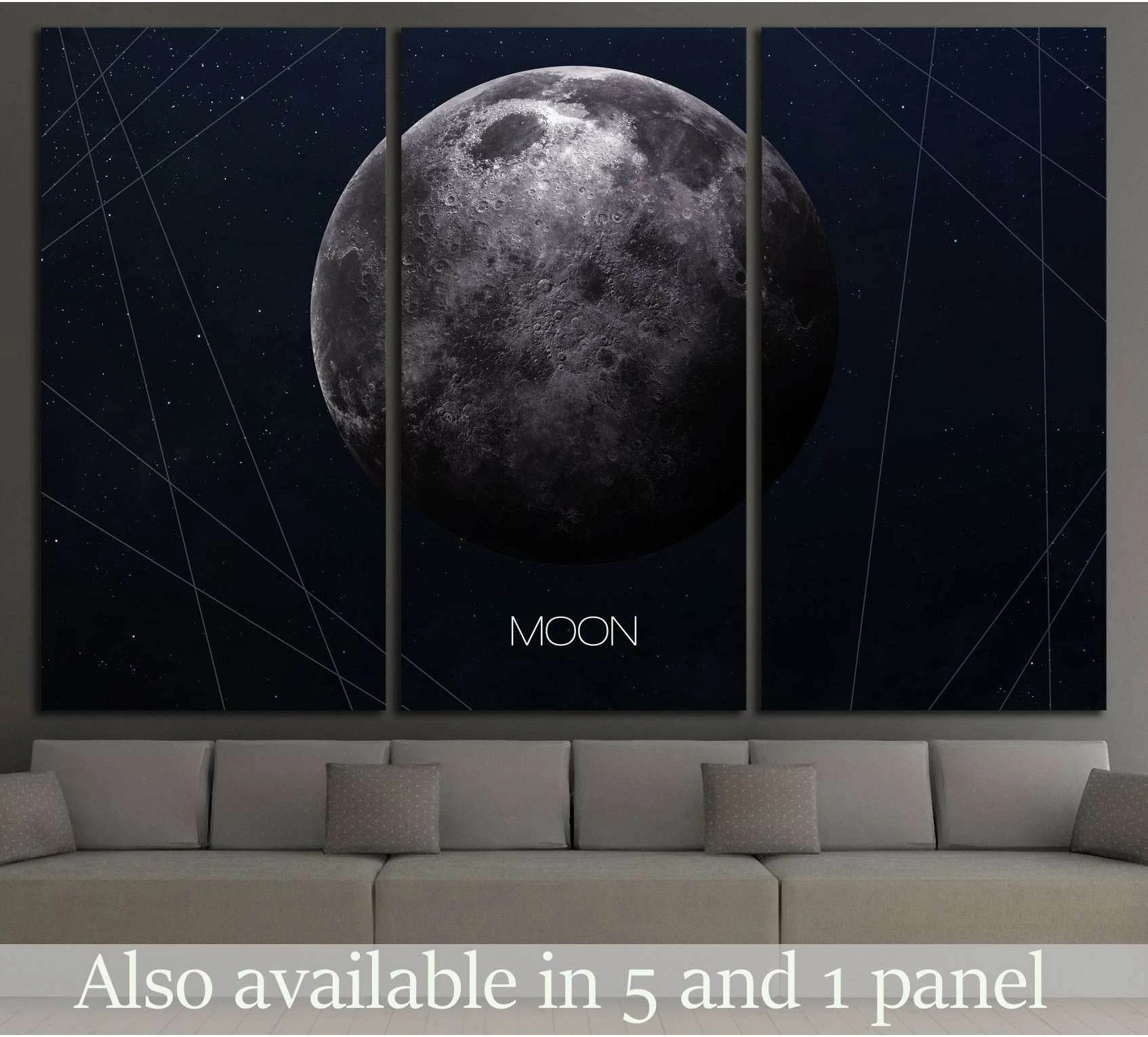 Moon triptych canvas print above sofa with detailed lunar surface on a dark starfield background