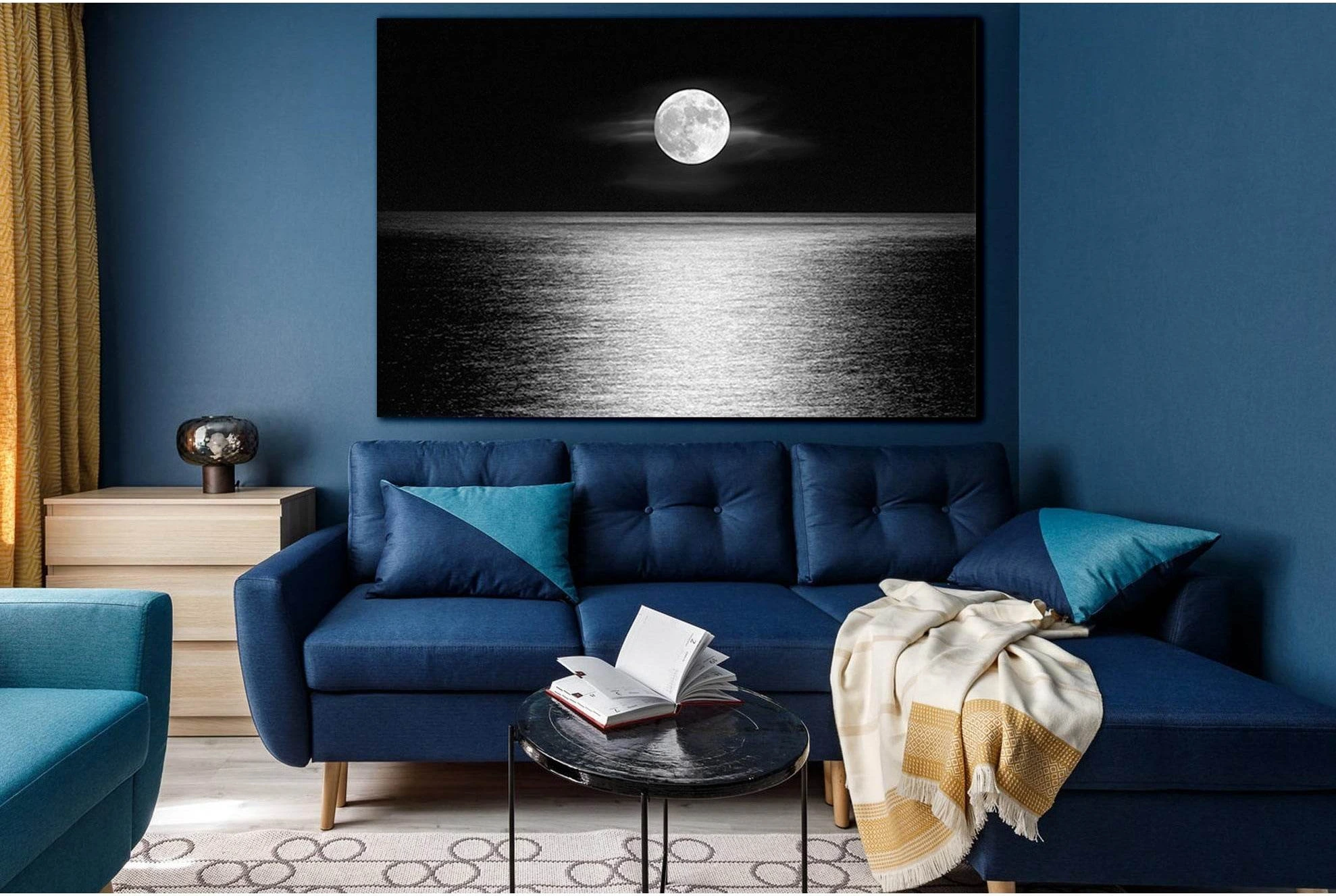 Moonlight Over The Ocean Black And White №SL856 Ready to Hang Canvas Print - Zellart Canvas Prints 0new, ALL_Products, Black & White Wall Art
