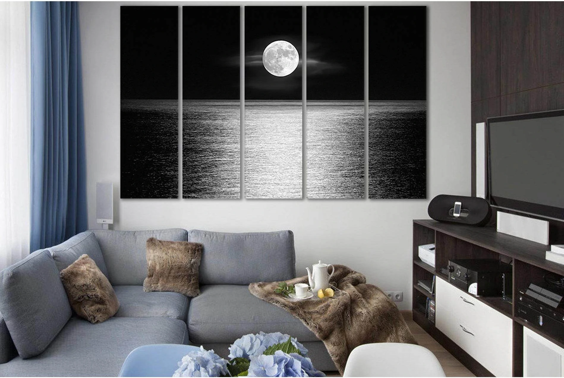 Moonlight Over The Ocean Black And White №SL856 Ready to Hang Canvas Print - Zellart Canvas Prints 0new, ALL_Products, Black & White Wall Art