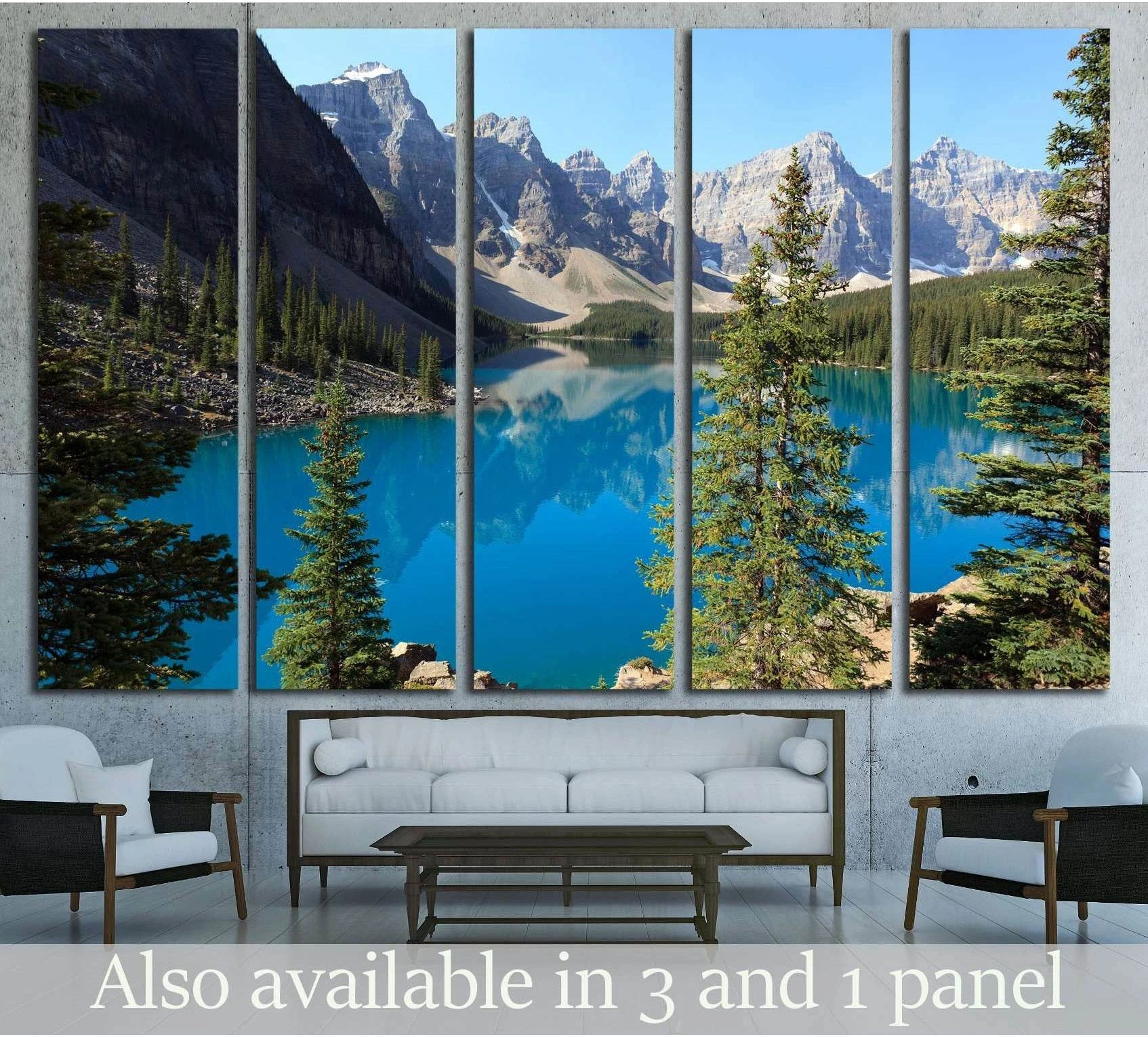Moraine Lake canvas print with turquoise water and Rocky Mountain peaks above a sofa