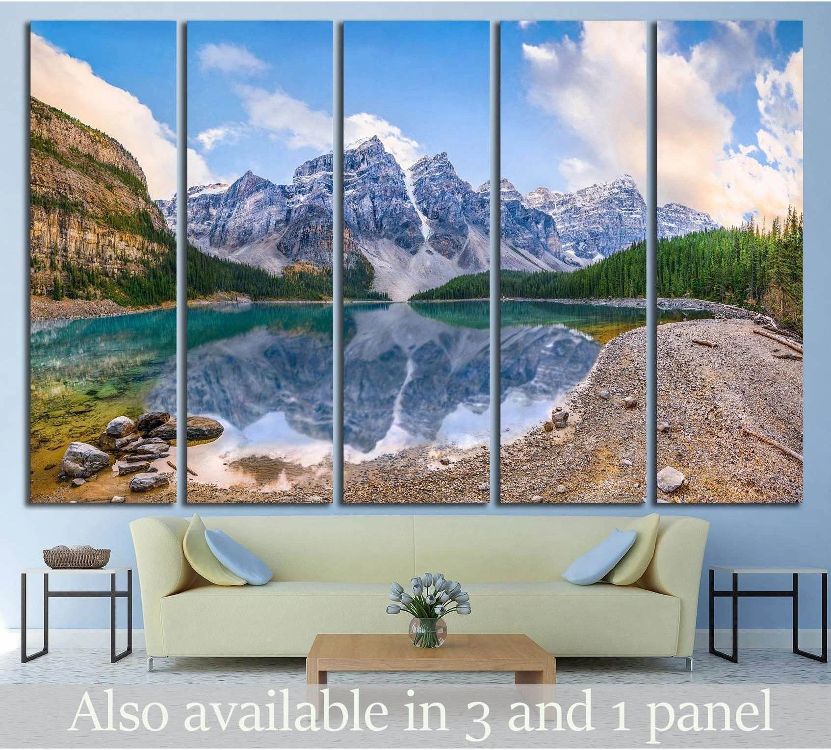 Moraine Lake canvas print with turquoise alpine water and Rocky Mountain reflection