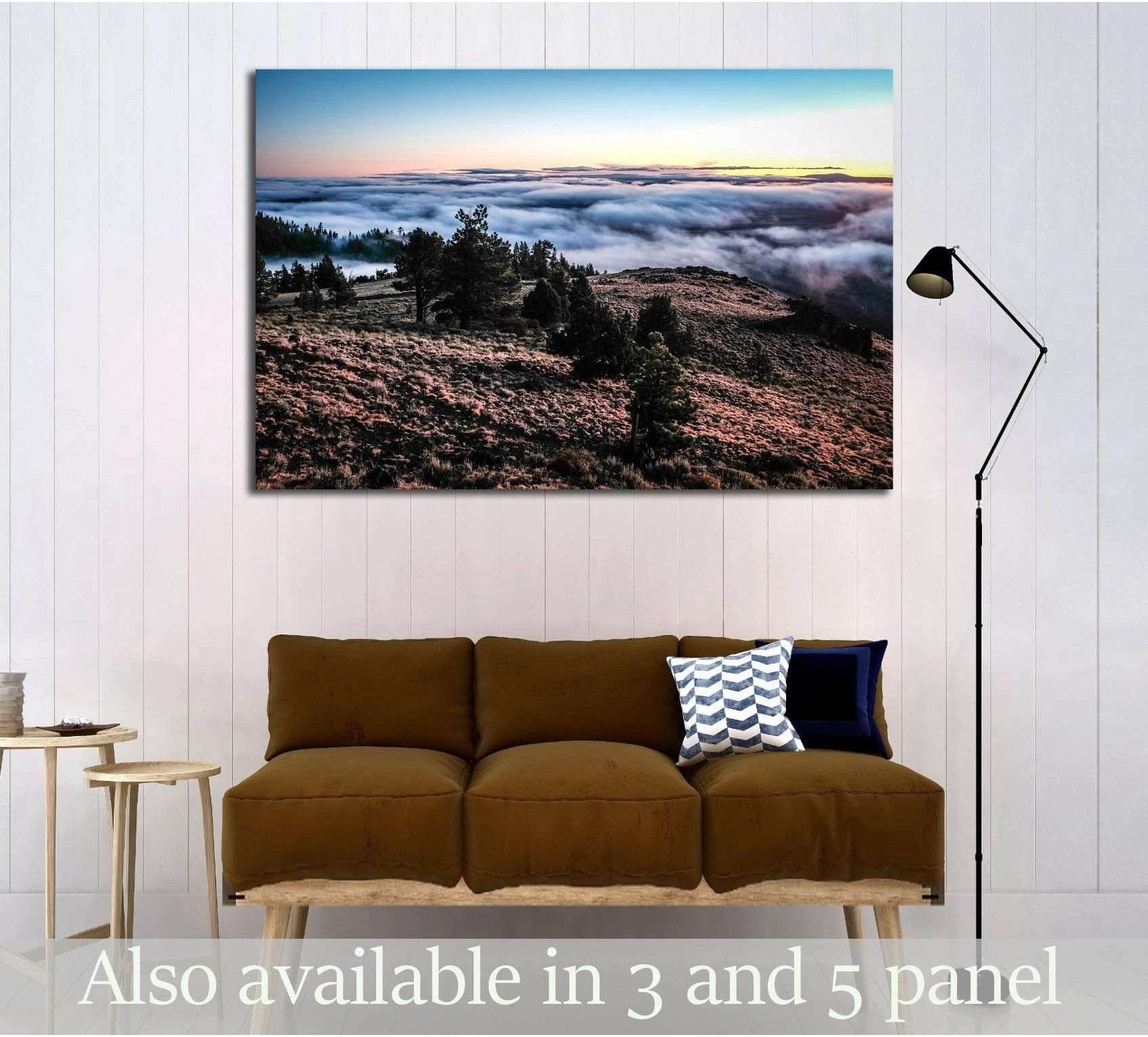 Oregon valley canvas print with rolling fog over pine hills above sofa in a modern living room