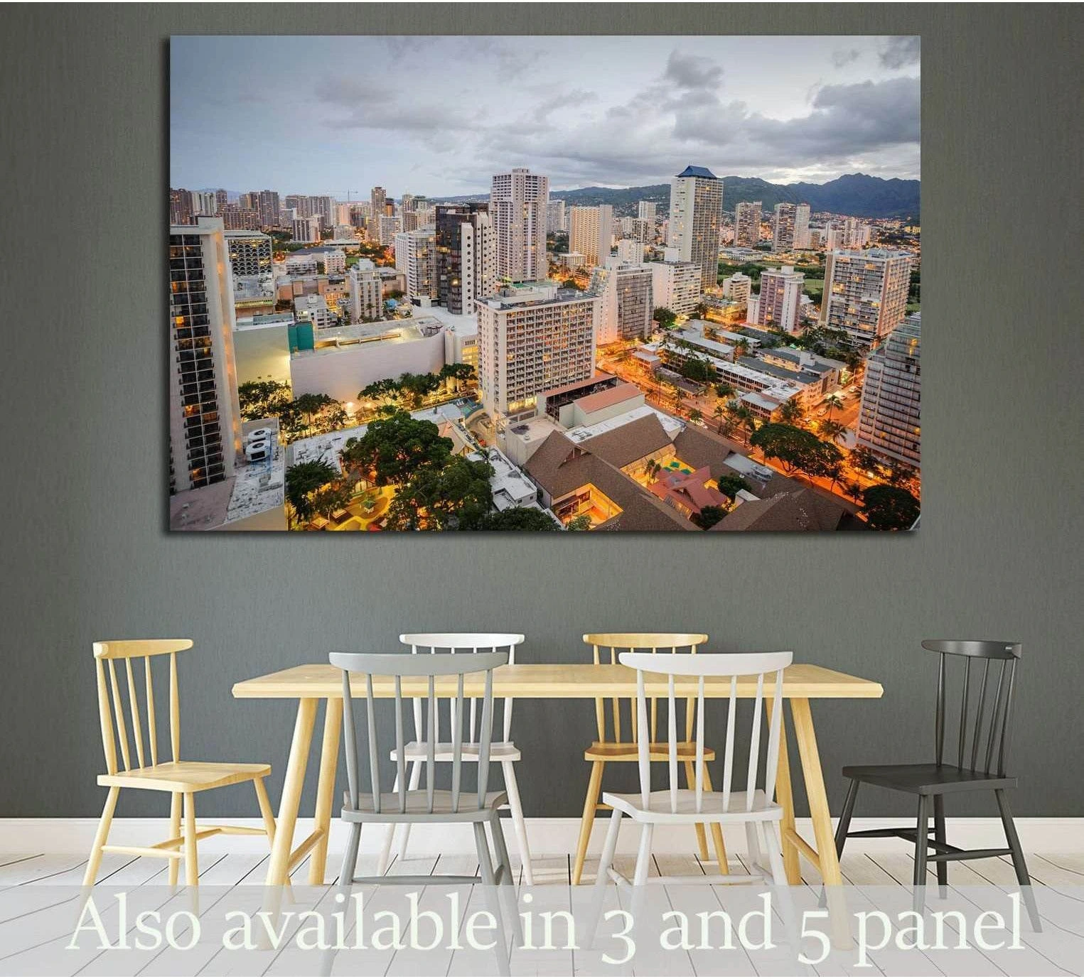 Honolulu skyline canvas print with city lights and mountain backdrop above a dining table