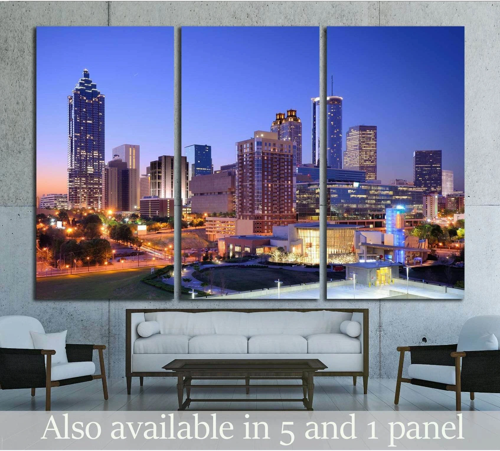 Atlanta skyline canvas print at dusk hung above a sofa in a modern living room