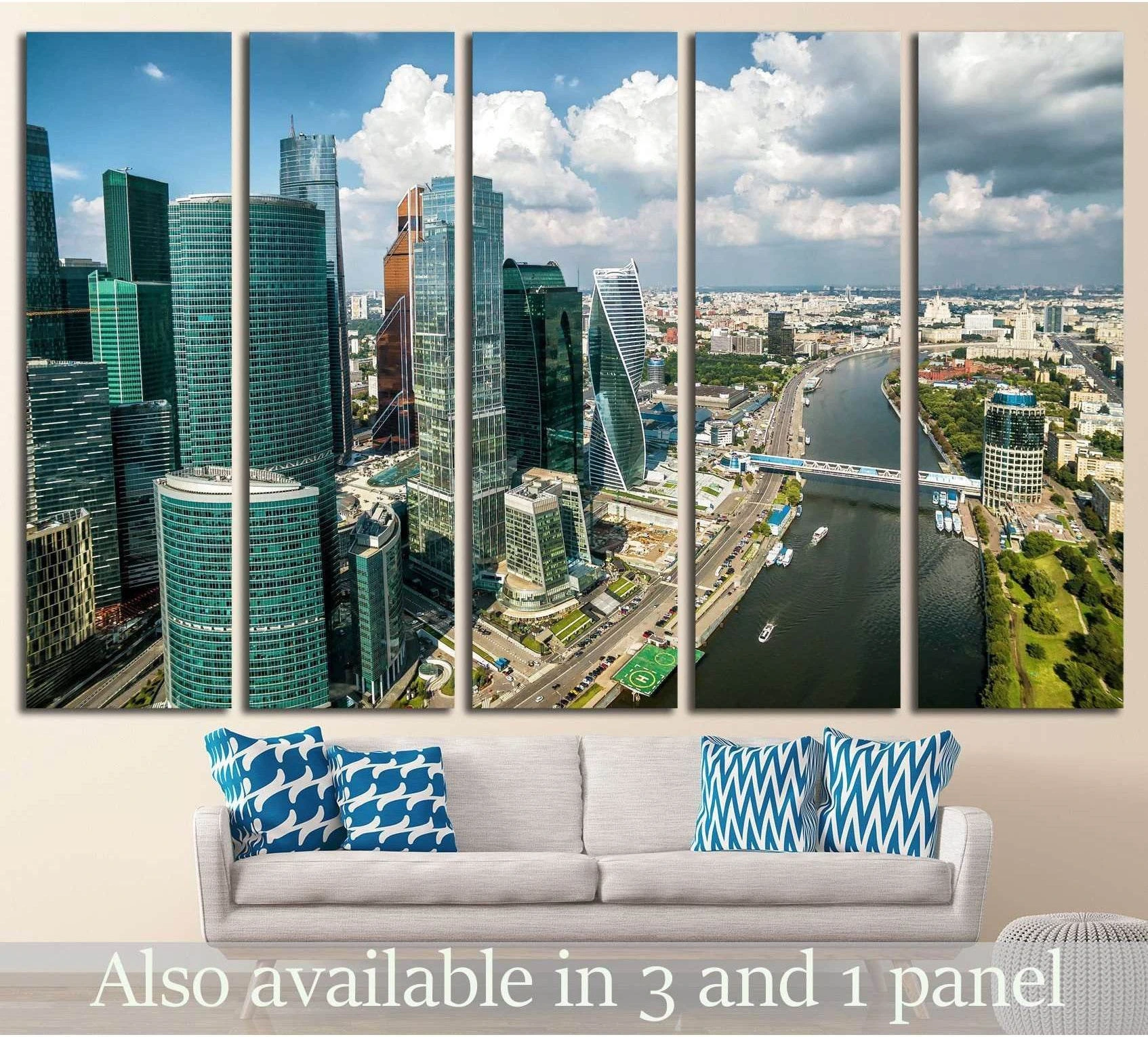 Moscow City skyscrapers and Moskva River aerial view canvas print above sofa