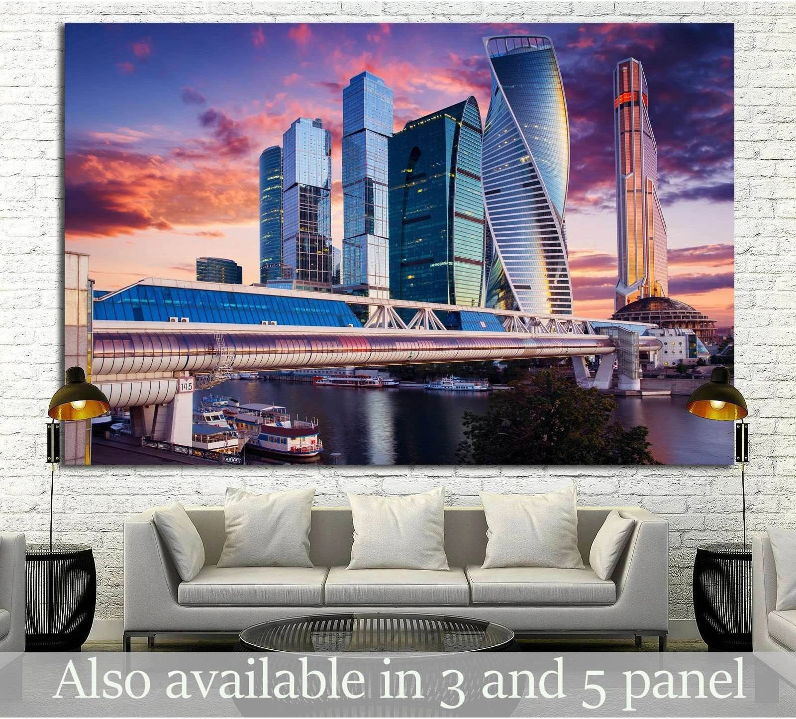 Moscow City skyline canvas print with glass skyscrapers at sunset, displayed above a sofa