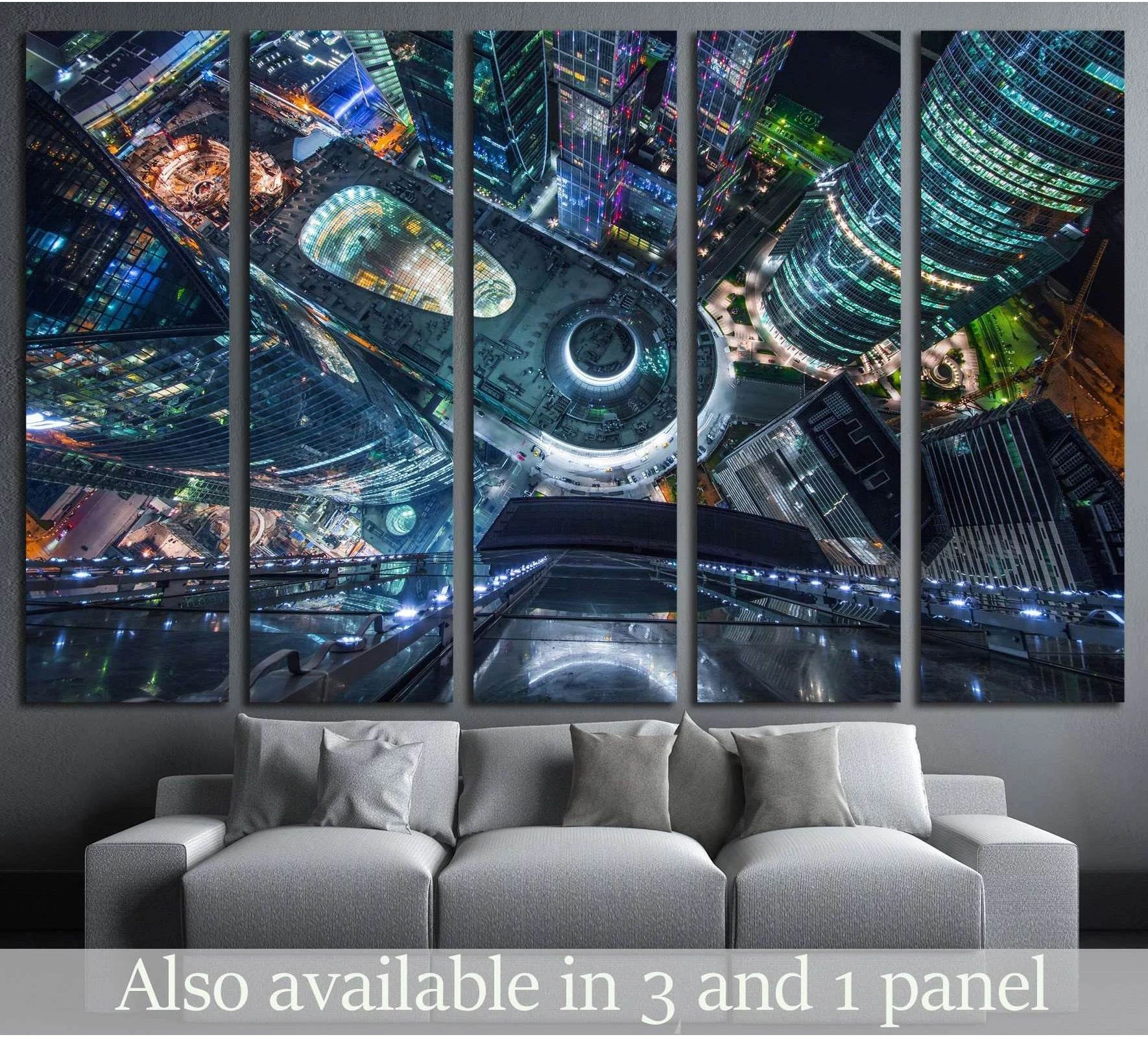 Aerial Moscow City night skyline canvas print hung above sofa in a modern living room
