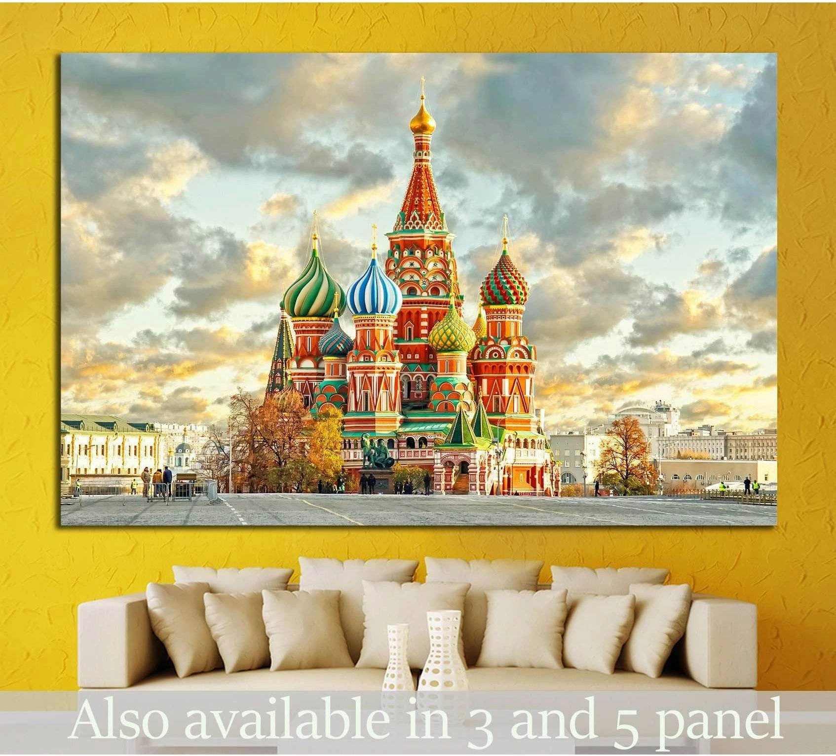 St. Basil's Cathedral canvas print above sofa with colorful Moscow Red Square view