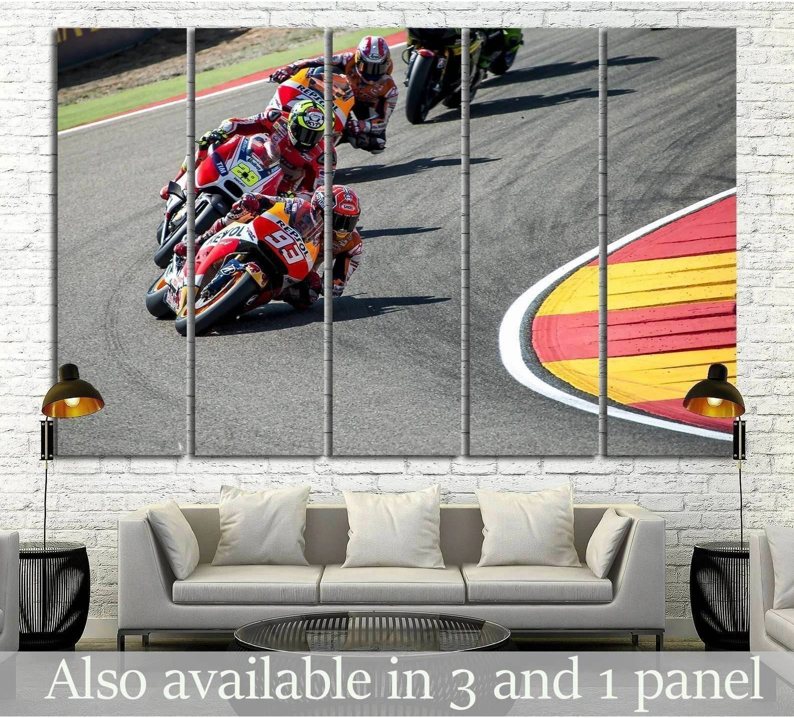 MotoGP riders canvas print showing three racing bikes leaning into a track corner above a sofa