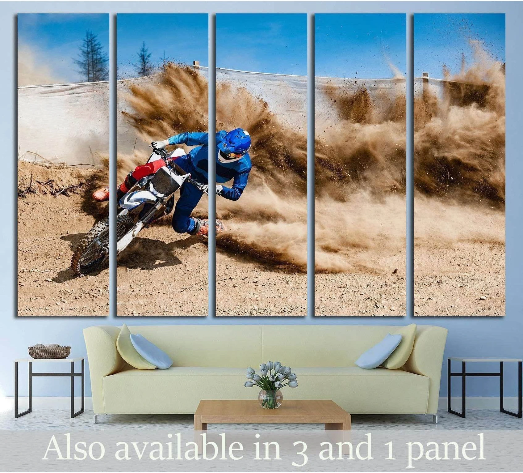 Motocross canvas print with rider kicking up a huge dust cloud, displayed above sofa
