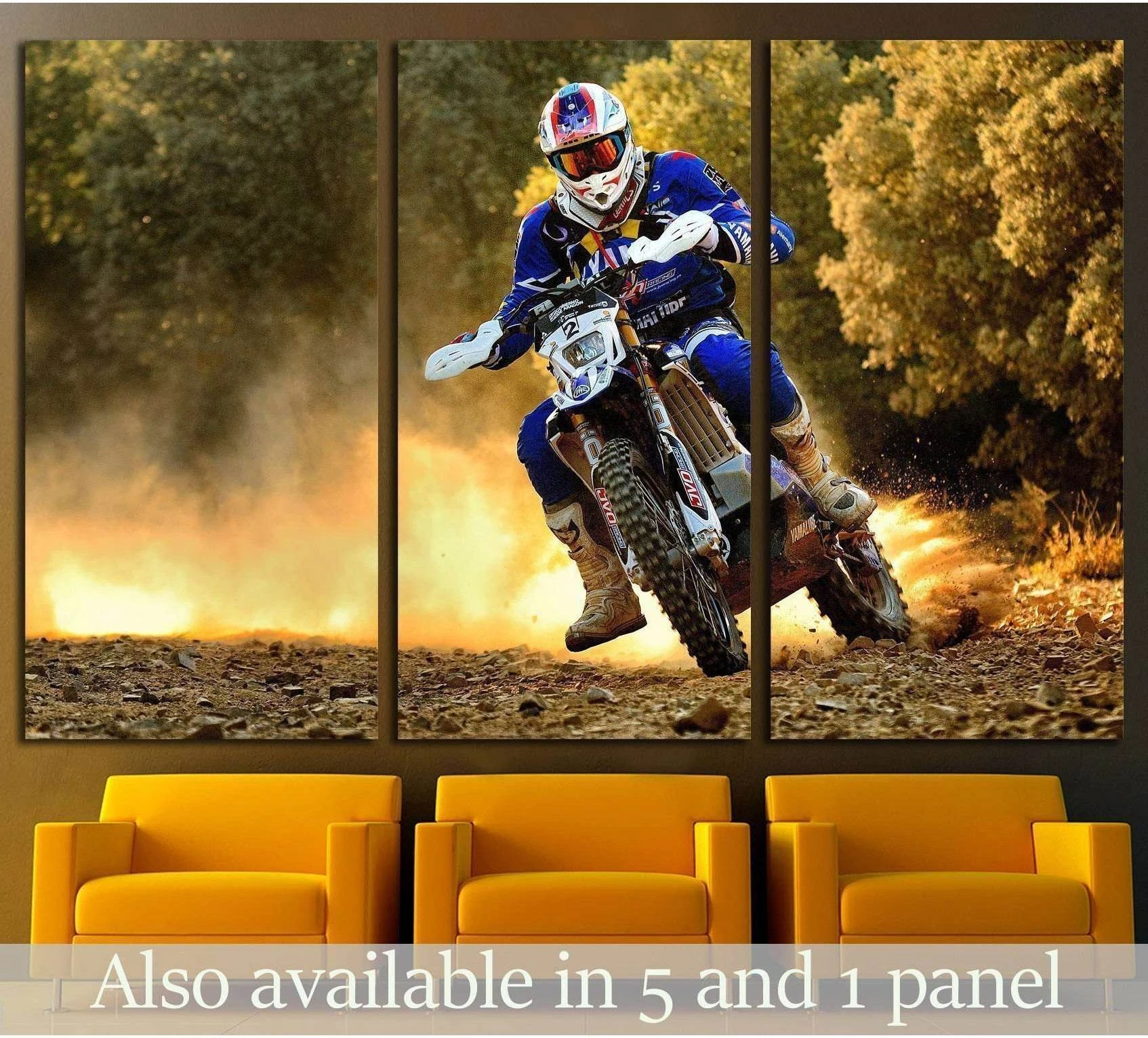 Enduro motocross rider canvas print kicking up golden dust on a forest trail above yellow chairs