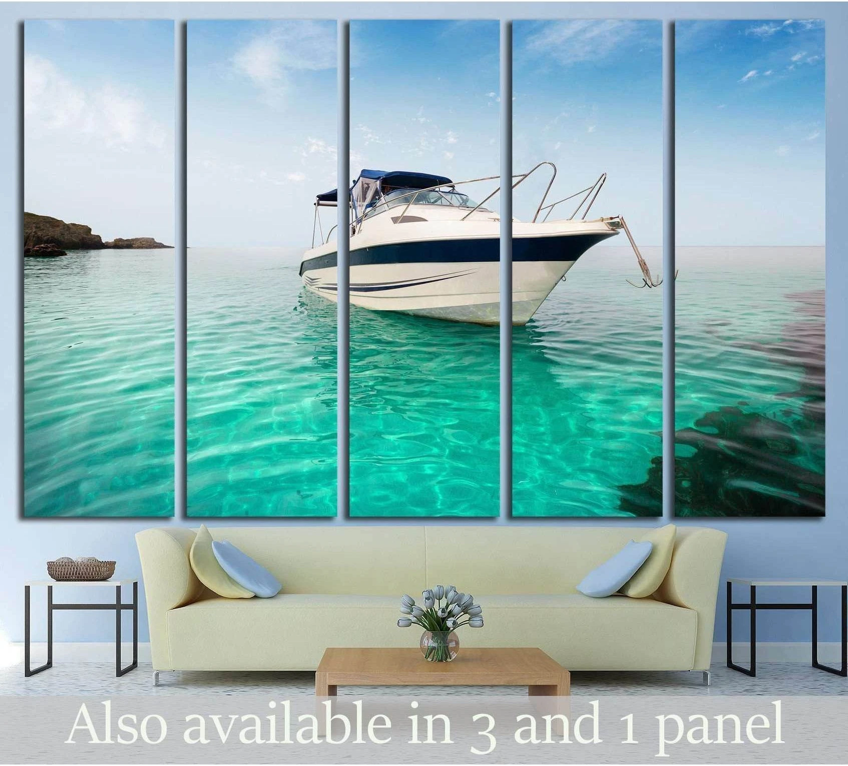 Motor boat on the beach showing sea water, shoreline and horizon depth.