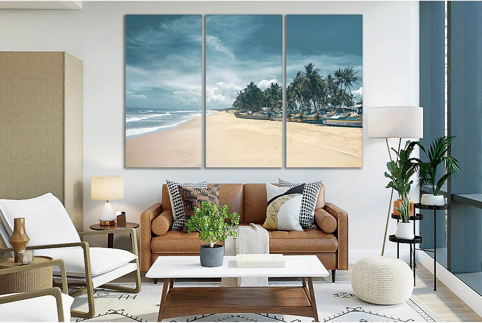 Motor Boats On a Sandy Beach Canvas Print, Coastal showing sea water, shoreline and horizon depth.