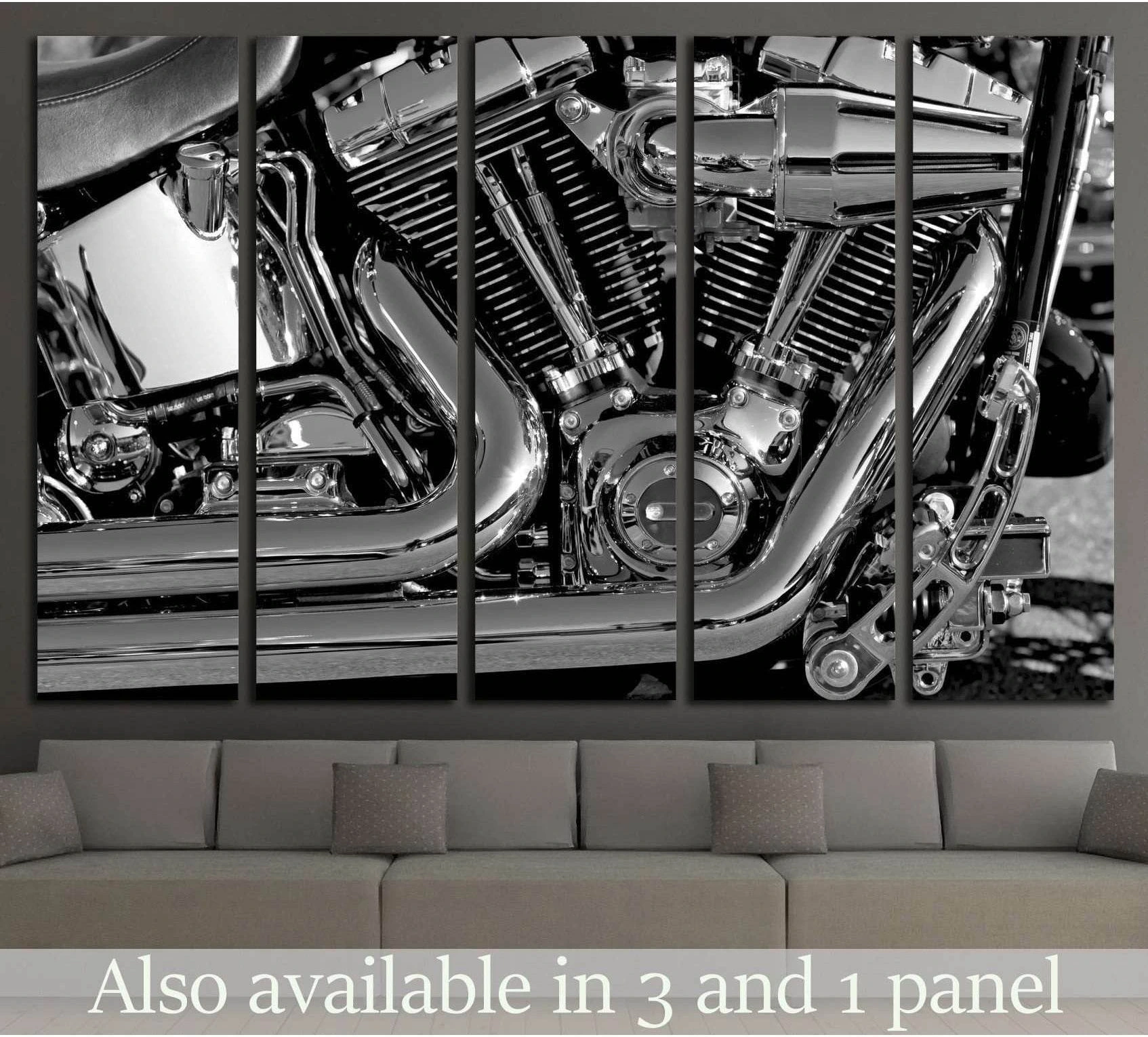 Black and white motorcycle engine canvas print with chrome V-twin close-up above a sofa