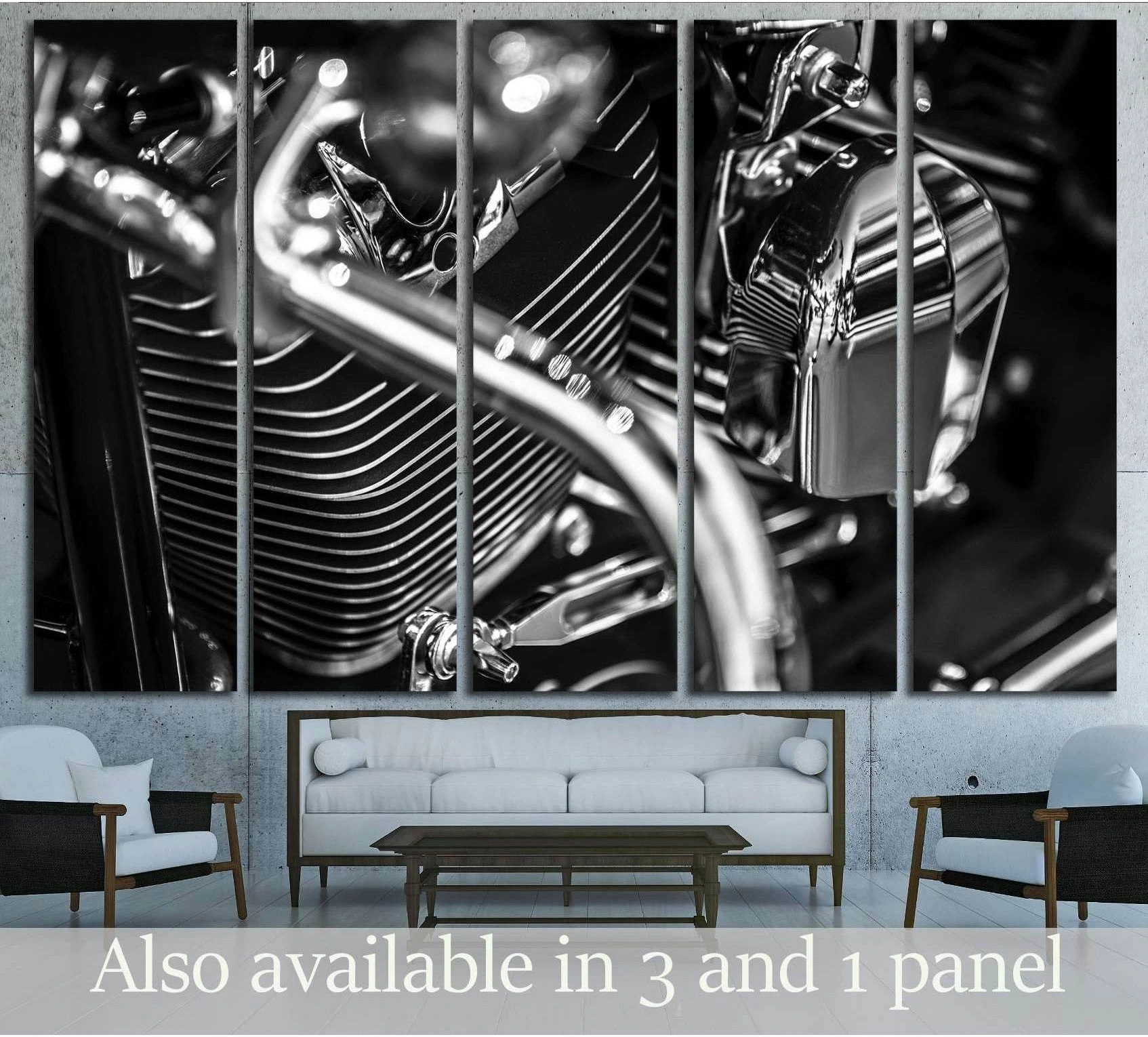 Black and white motorcycle engine canvas print shown as multi-panel wall art above a sofa
