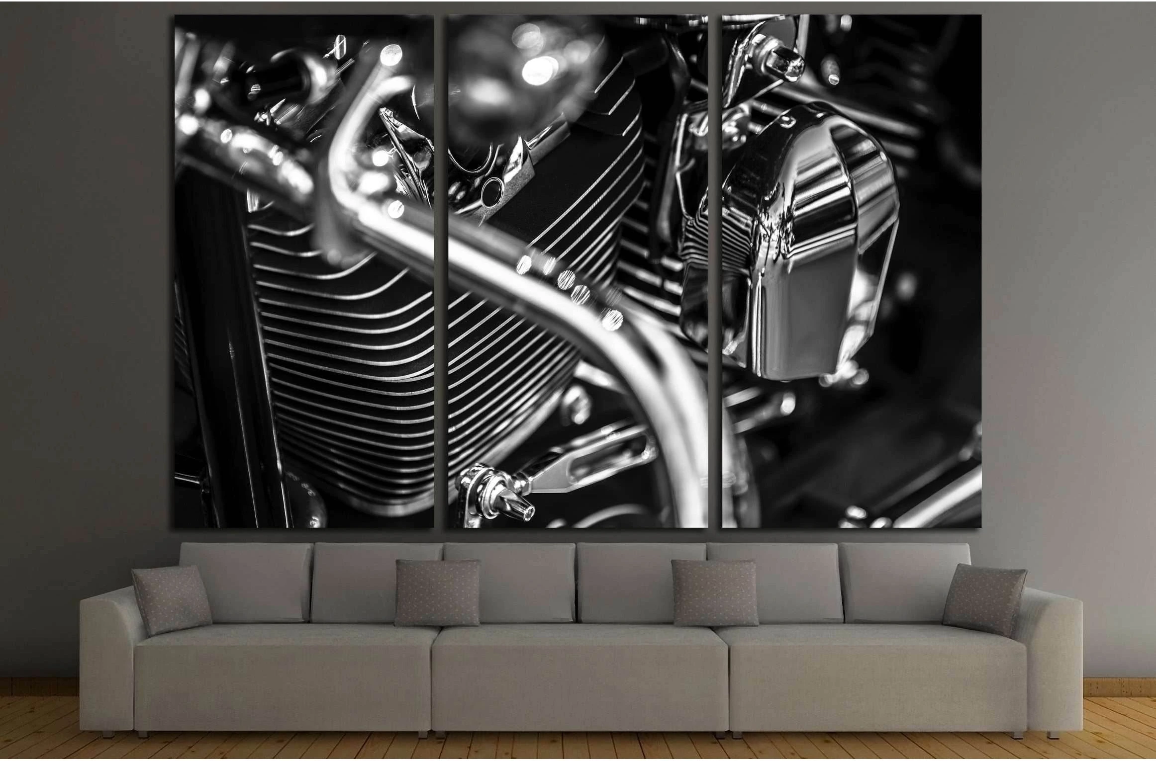 Motorbike engine close up shot in black and white №3278 Ready to Hang Canvas Print - Zellart Canvas Prints ALL_Products, s-3278