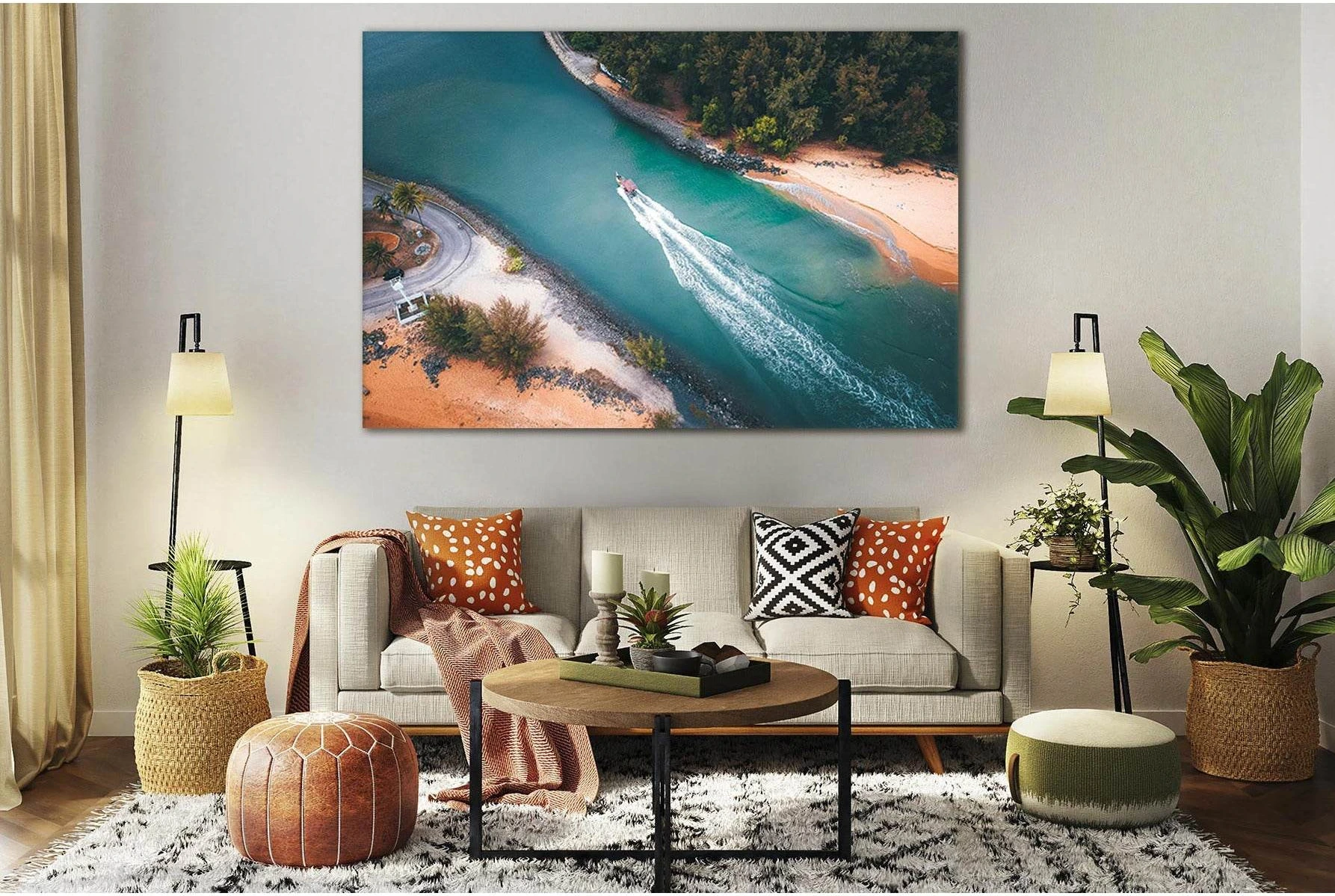 Motorboat Coastal Wall Art with Turquoise Water Canvas Print showing blue ocean wall art with water and coastal depth.