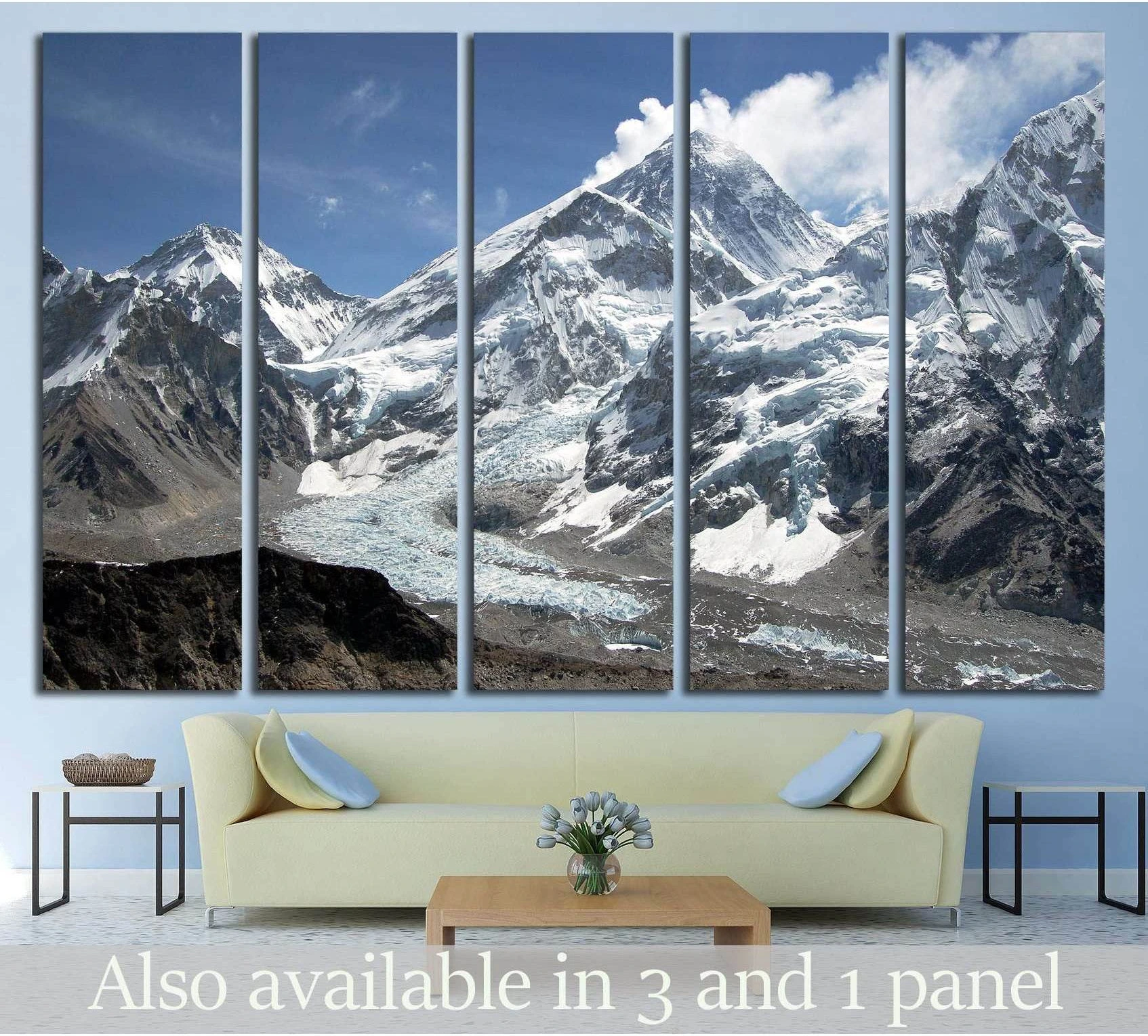 Mount Everest canvas print with snowy Himalayan peaks and glacier in a five-panel living room display