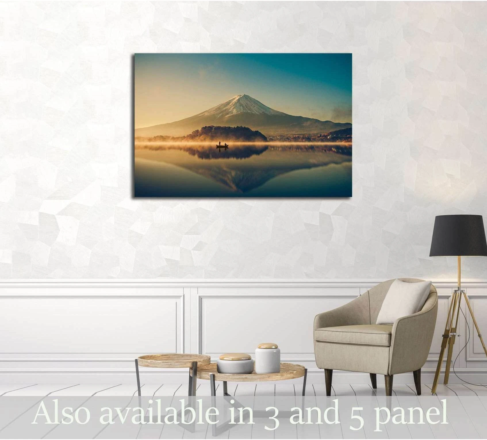 Mount Fuji canvas print above chair in neutral living room with lake reflection at sunrise