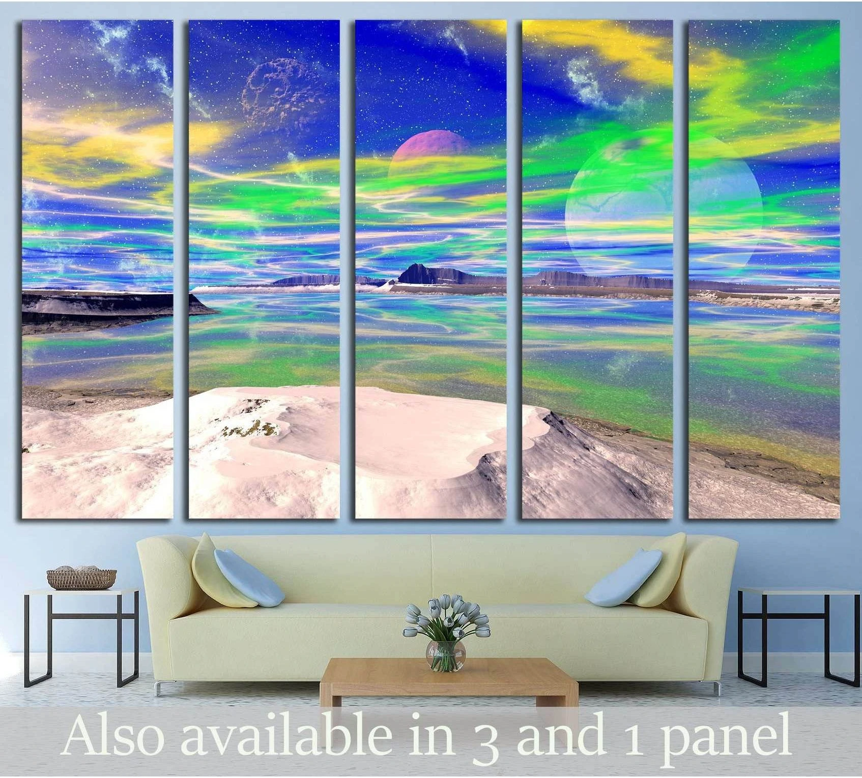 Alien planet canvas print above sofa with aurora sky, reflective lake, mountains, and large moons