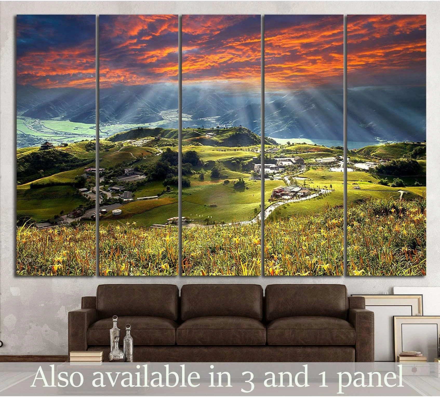 Taiwan mountain canvas print with sunbeams over green hills and fiery sunset sky above a sofa