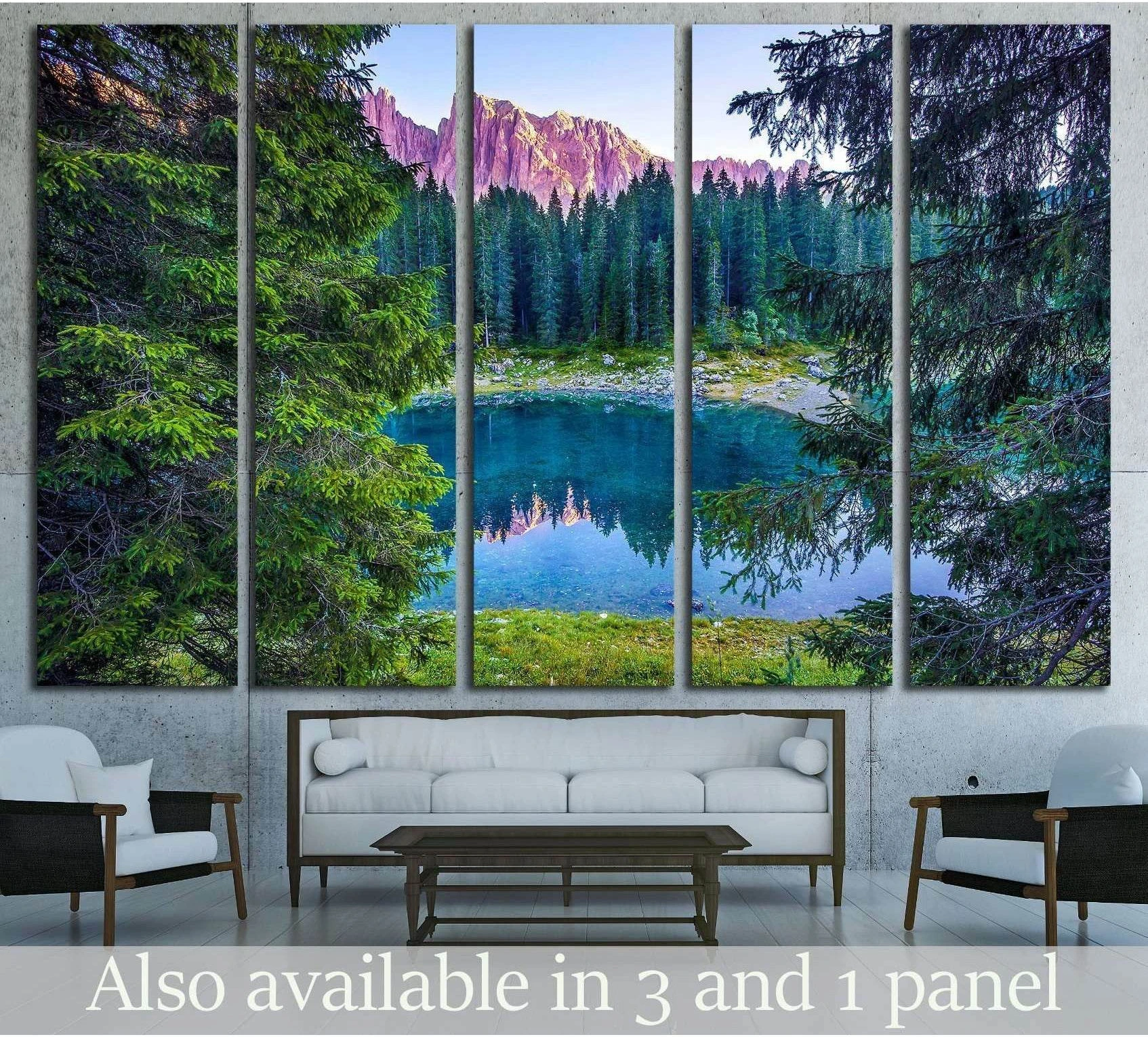 Five-panel alpine lake canvas print with pine forest and pink mountain peaks above a sofa
