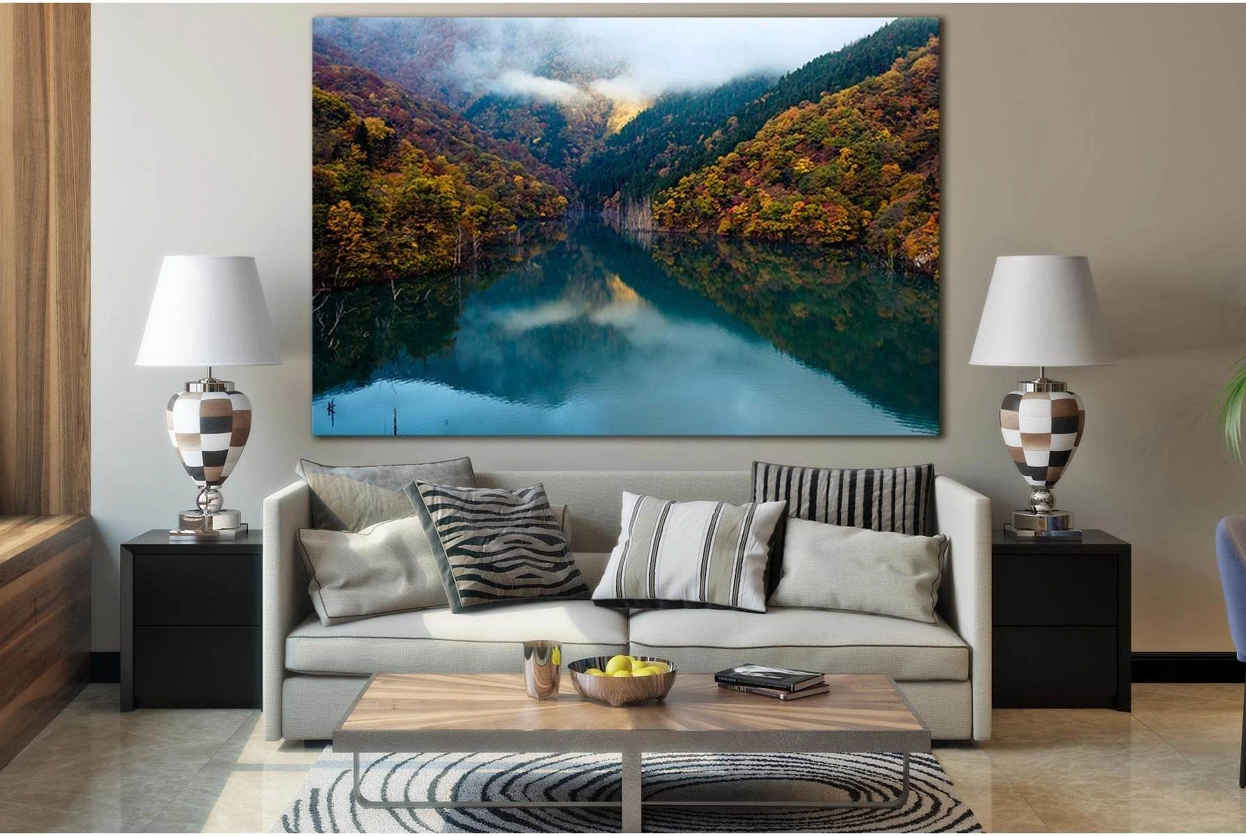 Misty Mountain Lake in Autumn Canvas Print Wall Art chosen as soft nature backups for soft mist and bedroom-friendly contrast.