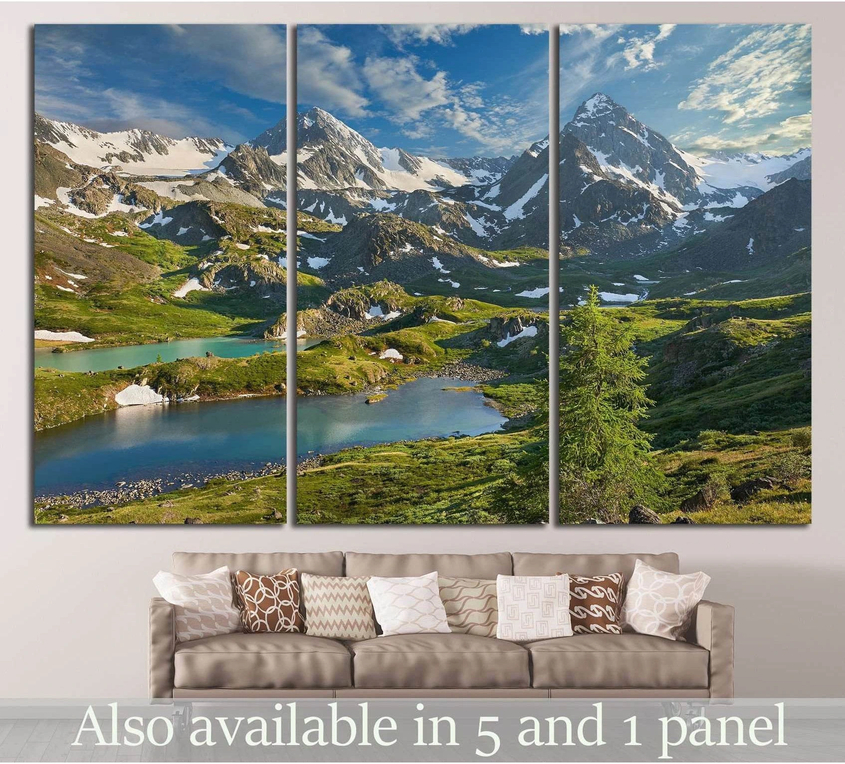 Siberia mountain lake canvas print with turquoise lakes and snowy alpine peaks above a sofa