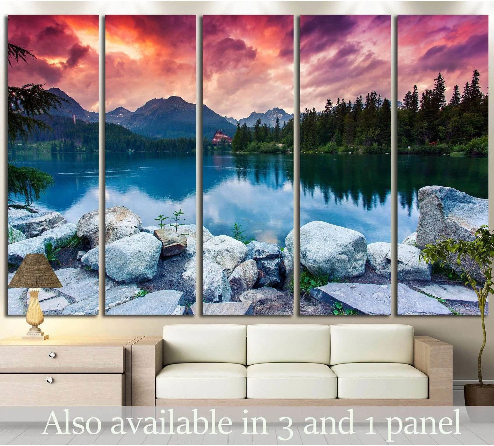 Slovakia mountain lake canvas print with turquoise water and sunset sky above a sofa