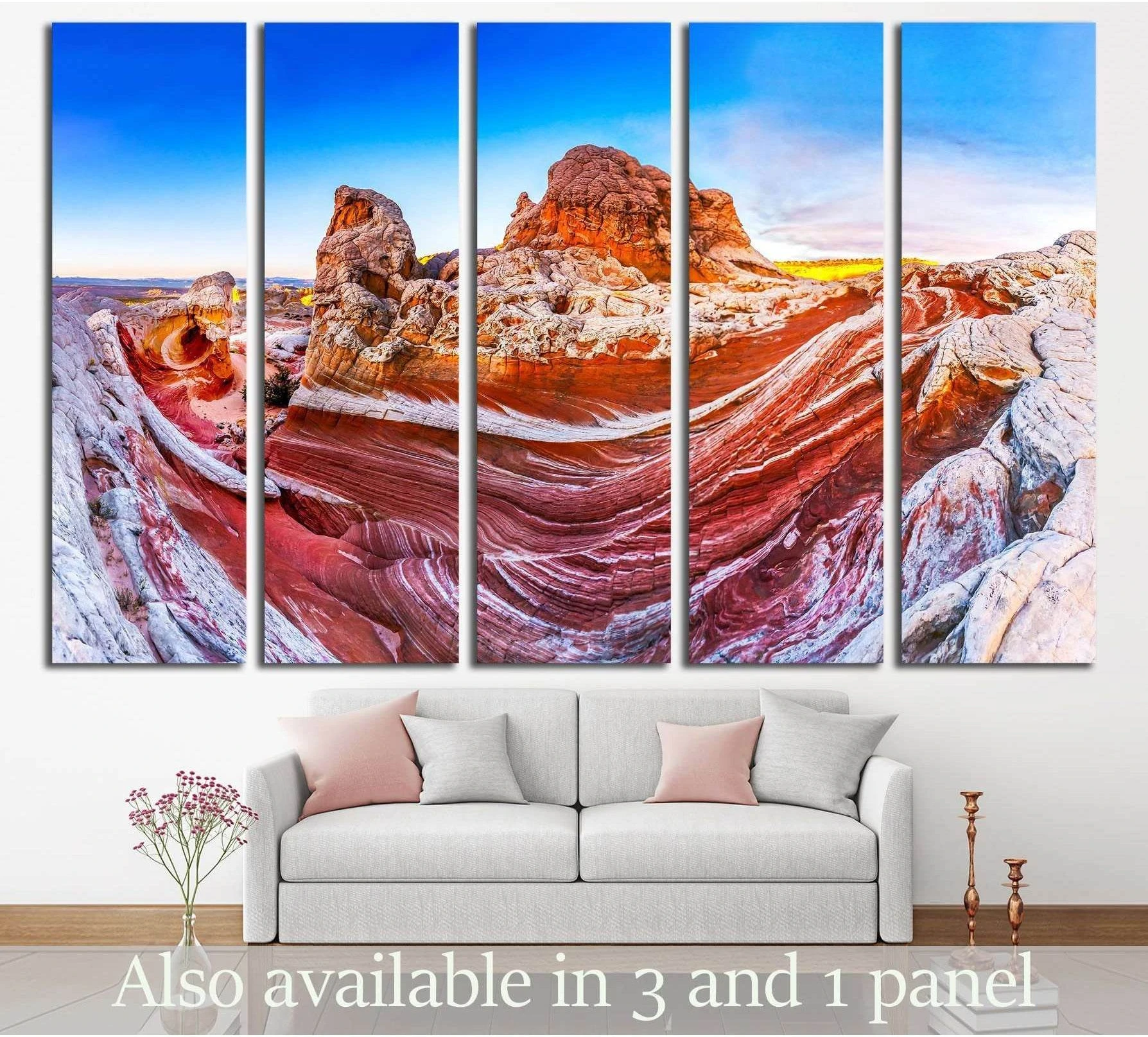 Panoramic red rock desert canvas print with swirling sandstone formations above a sofa