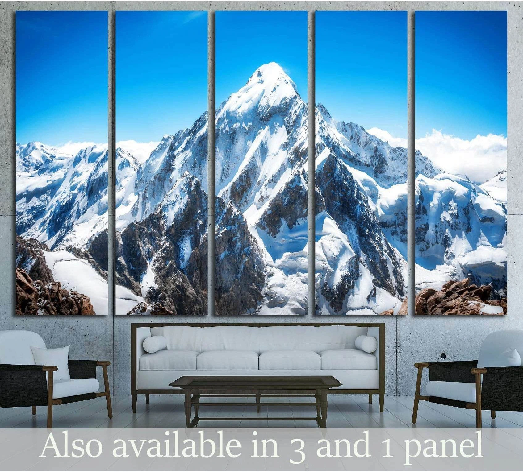 Five-panel Everest canvas print with snowy Himalayan peak above sofa in modern living room