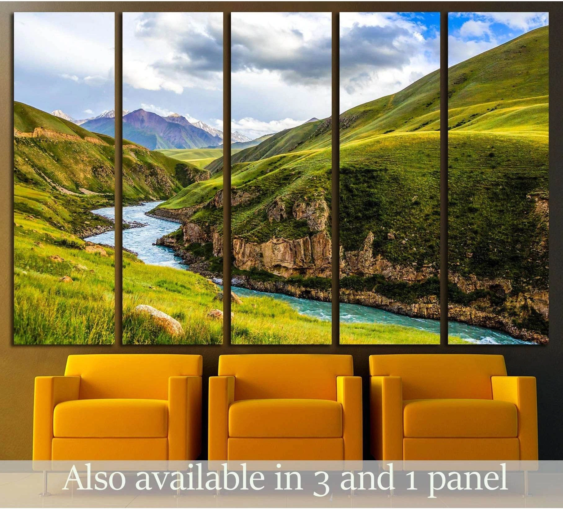 Mountain river canvas print with turquoise stream through green hills in a multi-panel living room mockup