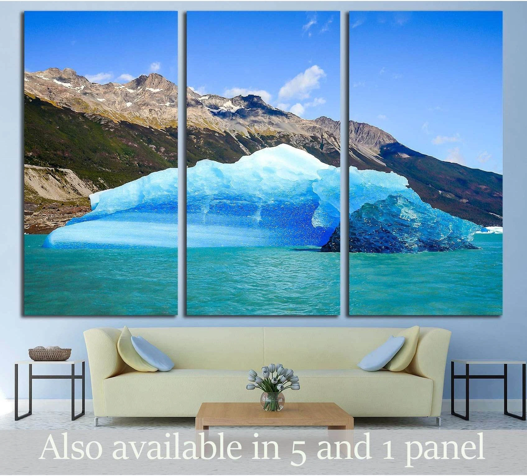Triptych glacier lake canvas print with bright blue ice, alpine mountains, and turquoise water above a sofa