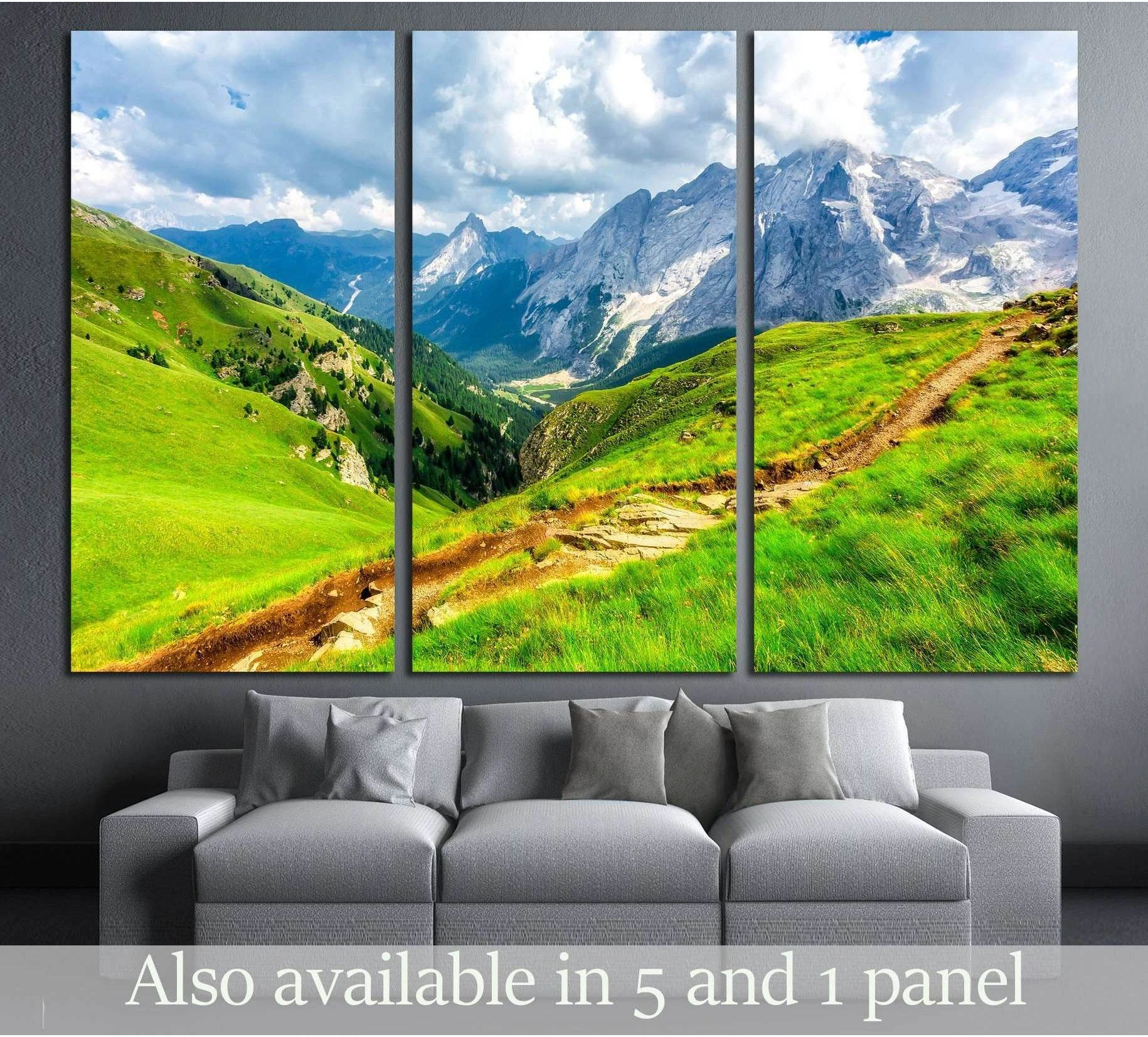 Triptych mountain trail canvas print above sofa with green alpine hills and rocky peaks